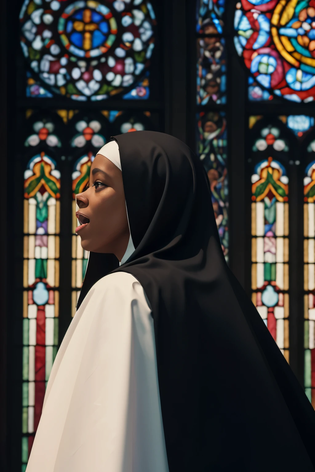 best quality, 32k, RAW photo, incredibly absurdres, extremely detailed, delicate texture, black nuns with plump bodies sing happily. motion-blur, action-lines, background monastery, stained glass