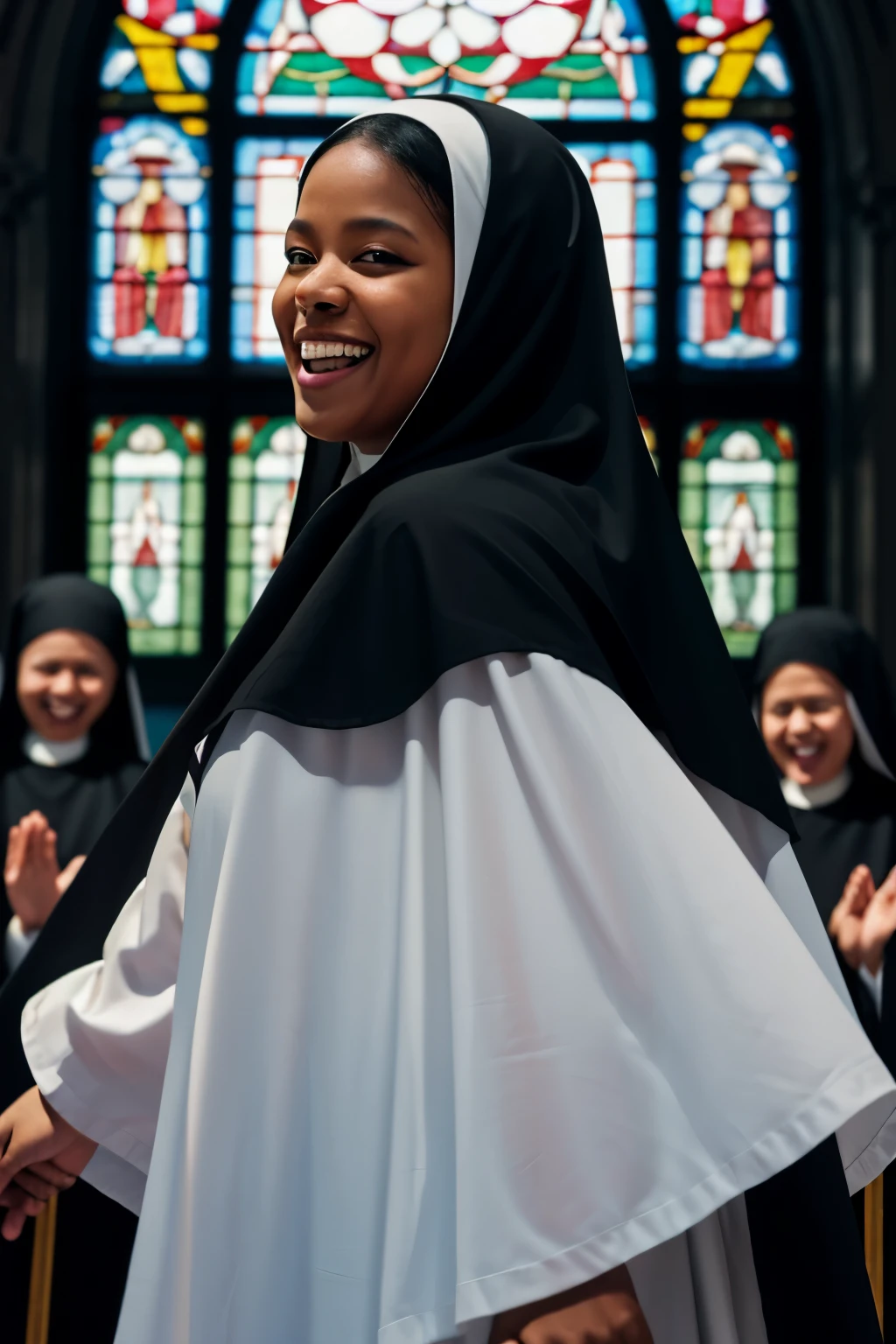 best quality, 32k, RAW photo, incredibly absurdres, extremely detailed, delicate texture, black nuns with plump bodies sing happily, smile, dancing, handclap, motion-blur, action-lines, background monastery, stained glass