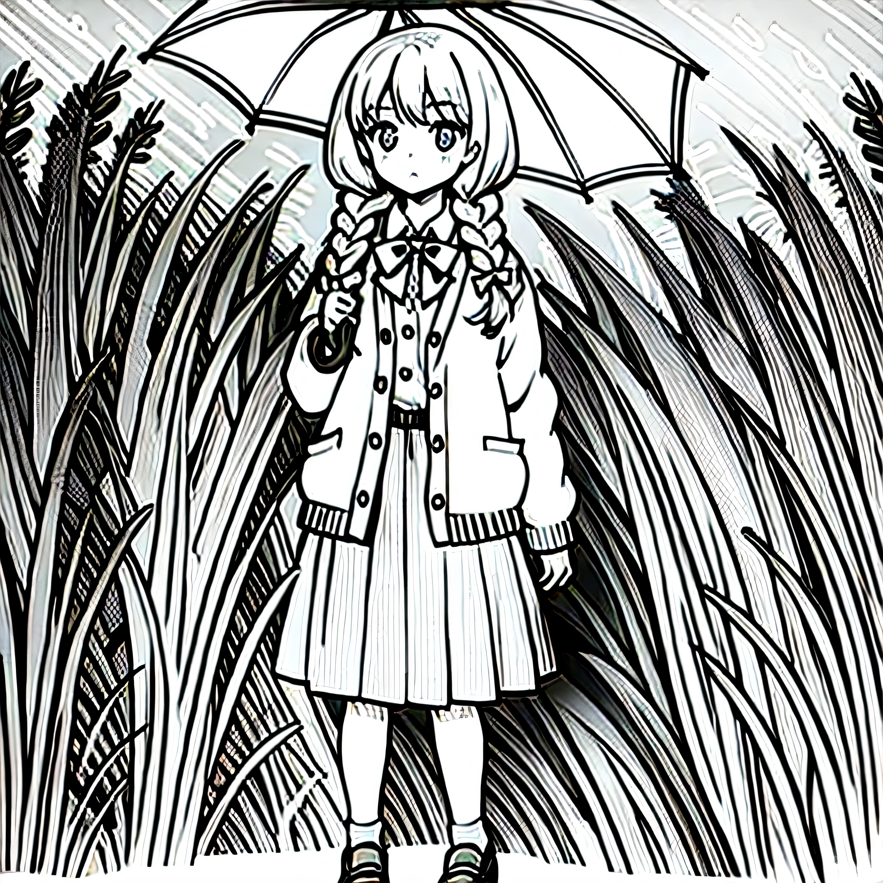 one girl, best quality, lineart, monochrome, satomura akane, long hair, white hair, twin braids, large braids, school uniform, knee length skirt, white socks, school shoes, shirt with a bow, closed cardigan sweater, holding an umbrella, apathic face, full body, outdoors, tall grass field, raining