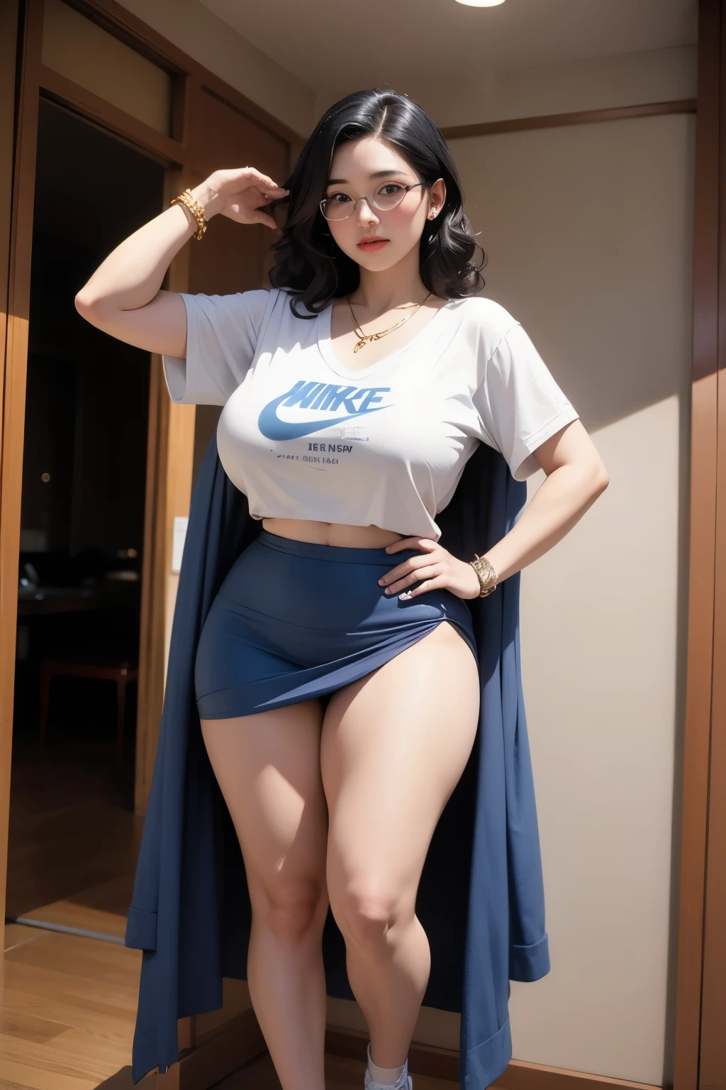 ((best quality)), ((masterpiece)), (detailed), perfect face, 1girl, thick body, japanese-Indonesian goddess ,high resolution , high quality , slightly fat round belly, thick thighs, polite t-shirt covered her belly , wearing a thight skirt , wearing nike sneakers , in the dark room, standing pose, thick massive arm, thick thighs , wavy blue medium short hair Color, wearing many gold bracelet , wearing huge diamond necklace , full body view, red robe, glasses , thick neck, Cold blue hue, high dehaze, korean Goddess , thick cheeks , big breast, alice ozawa , arisu ozawa