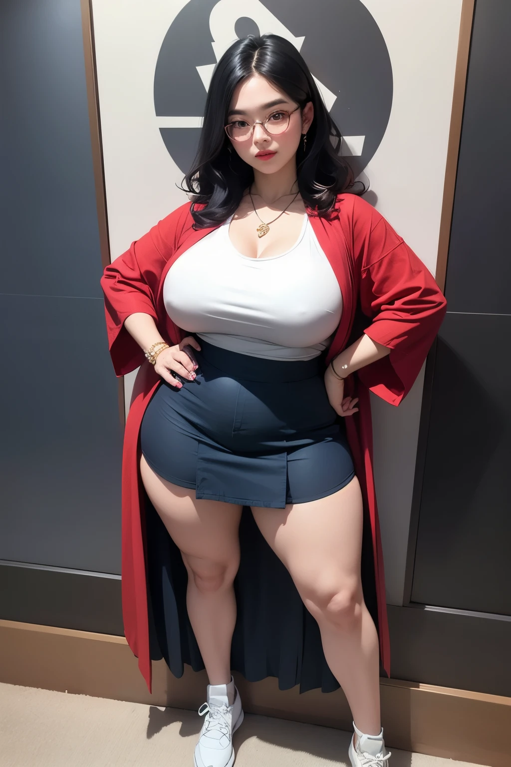 ((best quality)), ((masterpiece)), (detailed), perfect face, 1girl, thick body, japanese-Indonesian goddess ,high resolution , high quality , slightly fat round belly, thick thighs, polite t-shirt covered her belly , wearing a thight skirt , wearing nike sneakers , in the dark room, standing pose, thick massive arm, thick thighs , wavy blue medium short hair Color, wearing many gold bracelet , wearing huge diamond necklace , full body view, red robe, glasses , thick neck, Cold blue hue, high dehaze, korean Goddess , thick cheeks , big breast