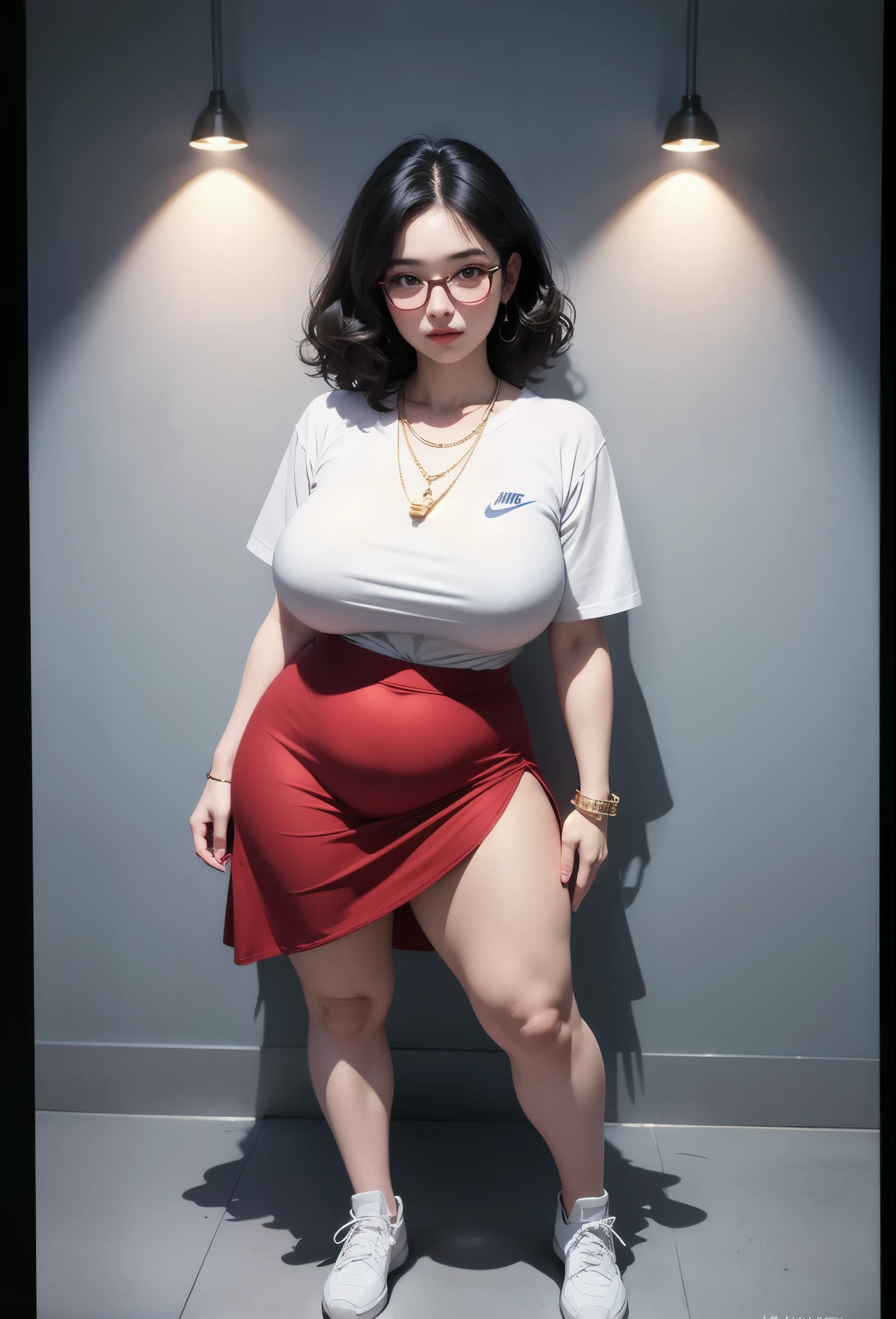 ((best quality)), ((masterpiece)), (detailed), perfect face, 1girl, thick body, japanese-Indonesian goddess ,high resolution , high quality , slightly fat round belly, thick thighs, polite t-shirt covered her belly , wearing a thight skirt , wearing nike sneakers , in the dark room, standing pose, thick massive arm, thick thighs , wavy blue medium short hair Color, wearing many gold bracelet , wearing huge diamond necklace , full body view, red robe, glasses , thick neck, Cold blue hue, high dehaze, korean Goddess , thick cheeks , big breast