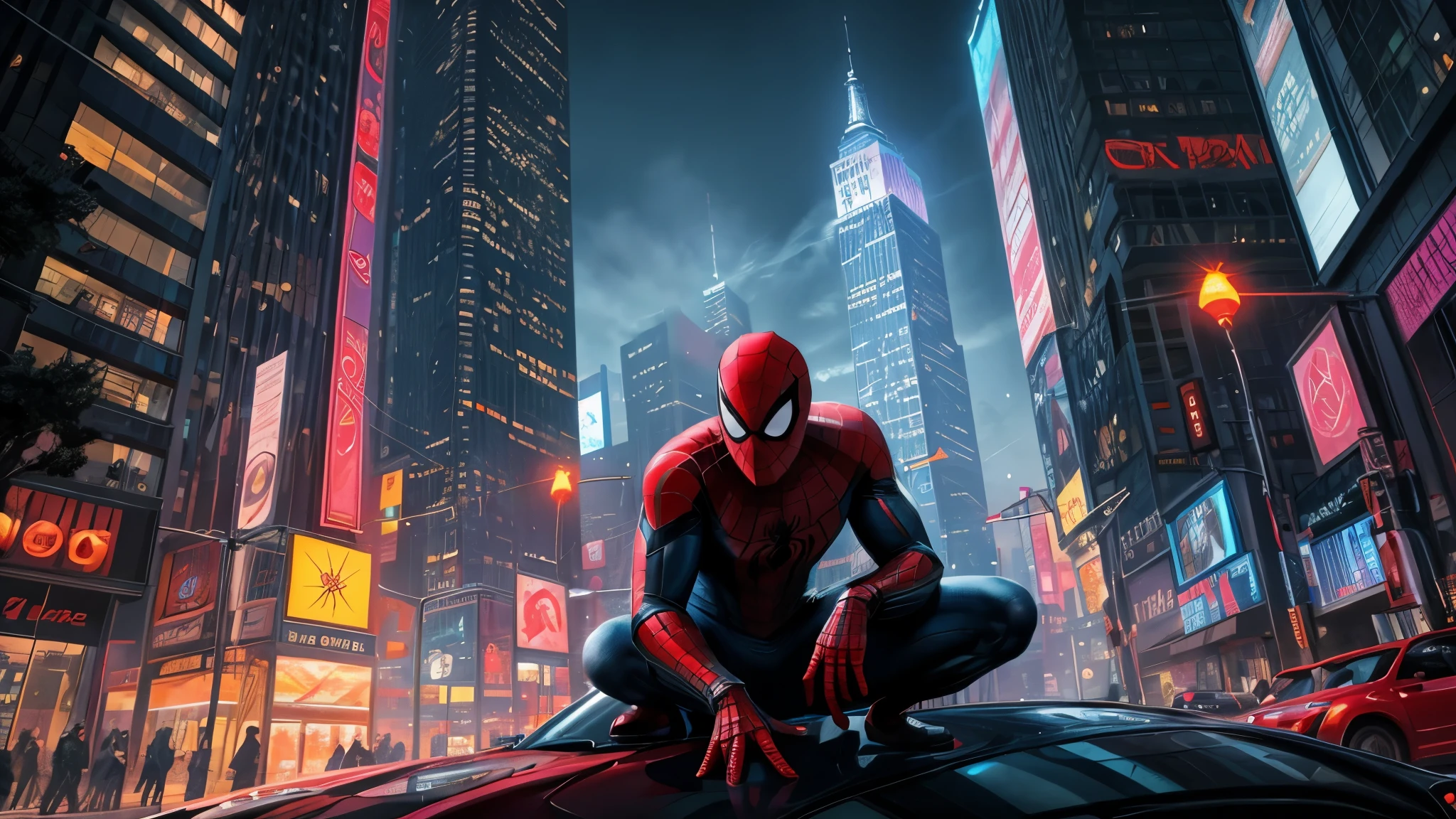 Claro, here is the prompt with more details on the scene:
"Develop a high-quality image with artificial intelligence, with advanced levels of detail and cinematic style. The scene will depict Spider-Man atop a New York City high-rise tower.. He will be crouched at the top of the tower, preparing to launch its web towards a neighboring building. The surrounding scenery will be full of urban elements, like other illuminated skyscrapers, flashing neon lights, neon signs glowing and cars moving through the streets. The streets will be full of people, some looking up admiring the hero. Behind Spider-Man, the bright, full moon will illuminate the night landscape, destacando os detalhes da cidade. The fog will hover gently around the tower, Adding an eerie atmosphere to the scene. Details such as light reflections on building windows and the texture of Spider-Man's suit must be carefully rendered to create a realistic and immersive image.. Spider-Man's posture will convey a sense of determination and courage, as he prepares for another mission to protect the city from the dangers that surround it. The image must capture all the emotion and grandeur of iconic moments from Spider-Man comics and films."