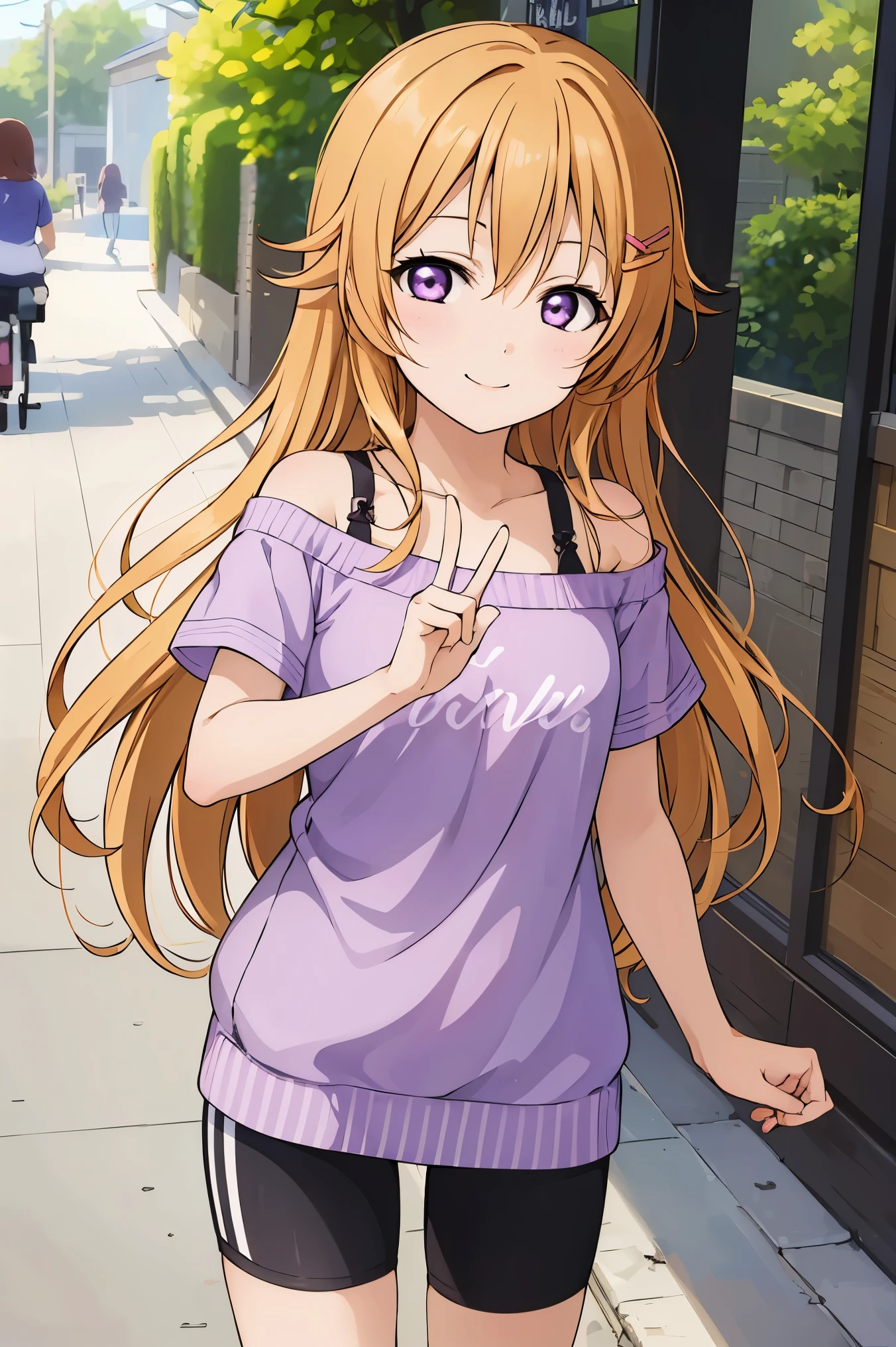 (best quality, masterpiece:1.2), (1girl, solo:1.2), cute, smile,  detailed background, (looking at viewer, solo focus:1.2), 
Konoe kanata, long hair, straight hair, purple eyes, blonde hair, off shoulder, purple shirt, short sleeves, bike shorts, standing, two peace sign, solo focus, 