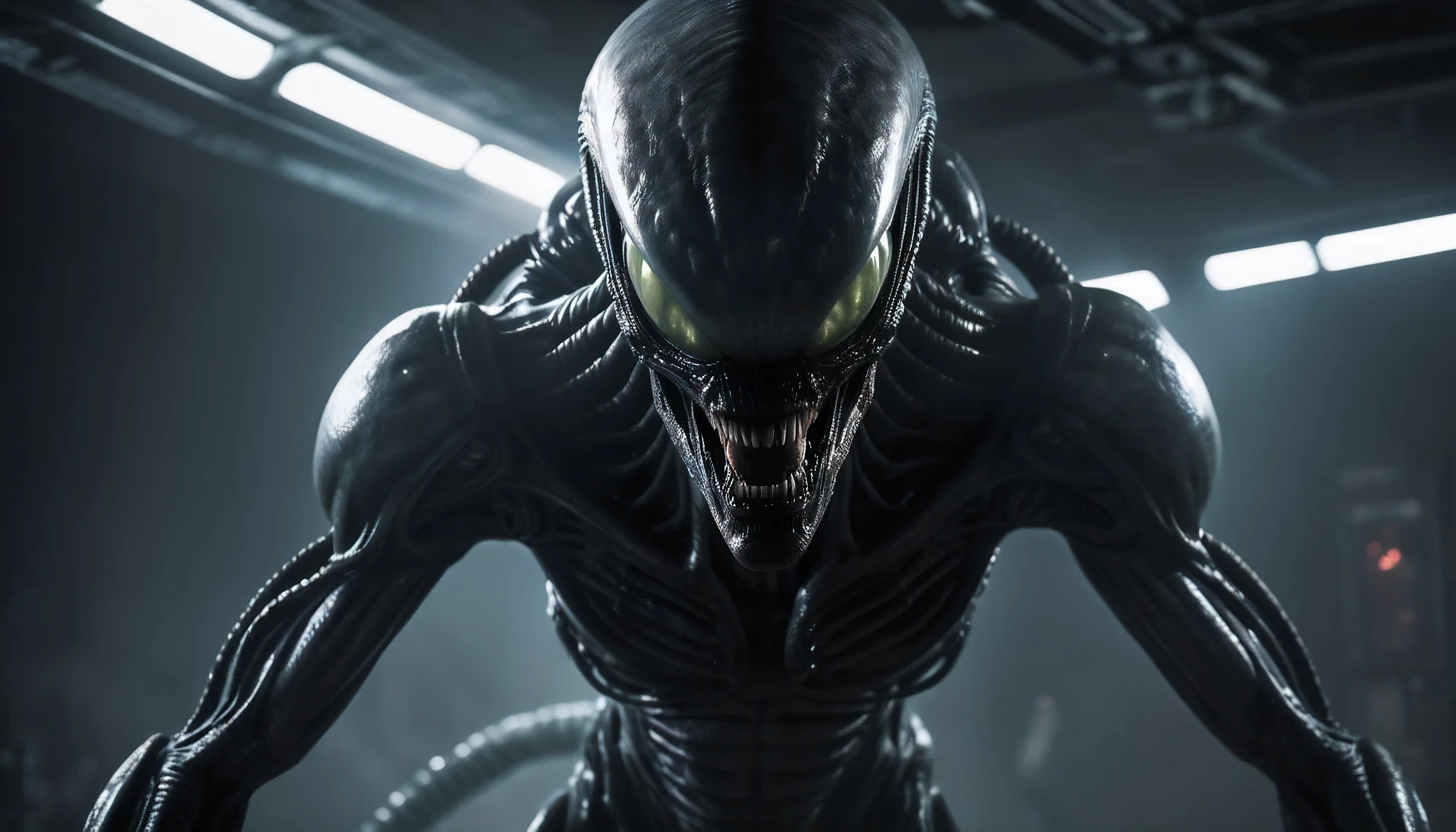 (best quality,4k,8k,highres,masterpiece:1.2),ultra-detailed,(realistic,photorealistic,photo-realistic:1.37),cinematic shot, Alien (from Alien movie franchise:1.1),scary,vicious,horror,extraterrestrial,shiny exoskeleton,acidic blood,sharp fangs,slimy skin,dark atmosphere,glowing eyes,intense shadows,futuristic technology,deep space location,menacing presence,ominous,nightmarish,sci-fi,high contrast,monstrous silhouette,mystery,cold colors,strong composition,alien spacecraft,fear,unsettling,creature,terror,esoteric,otherworldly,unexpected,unknown,claustrophobic,terrifying,set design,original design,nightmare-inducing,thrilling,edge of the seat,adrenaline-pumping,mind-bending,imposing figure,hostile,unidentified,intimidating,[alien]