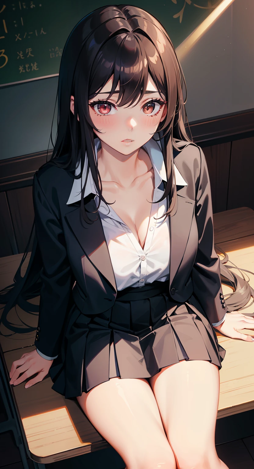 1woman, long hair, mature, parted lips, blush, makeup, provoking, sitting, school uniform, classroom, light rays, glow, thighs, collarbone, narrow waist, (masterpiece), wallpaper, wide angle, from above