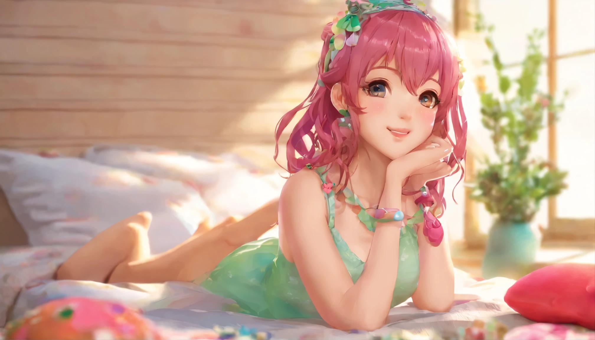 Pretty Girl, young Girl, long hair, hair bang, asian girl, big breast, wering big white shirt, wearing only shirt, off shoulder shirt, sit on the bed, crossed leg sit, white blanket, sunlight wash, windows light, cute bed room, colored inner hair, red hair, Ultra-Wide Angle, 8k