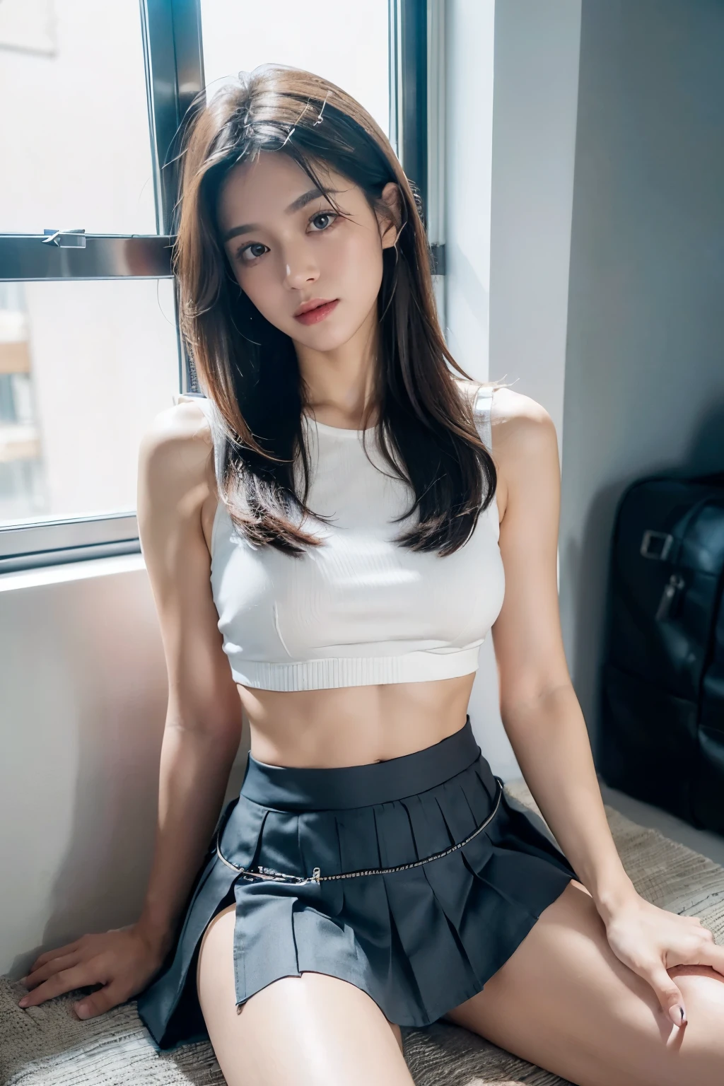 ((realistic lighting, highest quality, 8K, masterpiece, medium shot: 1.3)), clear focus: 1.2, 1 girl, perfect figure: 1.4, plump bust,((Dark brown long hair)),((one length)), I can see the forehead、(black crop top:1.4),The whole delicate breast leaks out,inside the women's locker room, sitting on pliers,Moderately thin calves,exposed thighs,navy blue ankle length socks,white sneakers,super fine face, fine eyes, double eyelid,White pleated mini skirt,Taking a selfie with a white smartphone in his left hand,Your face is hidden by your smartphone、holding the right leg with the right hand、resting his chin on his right knee、((((Panties are visible from inside the skirt))))、(white panties)、(tilt your head a little)