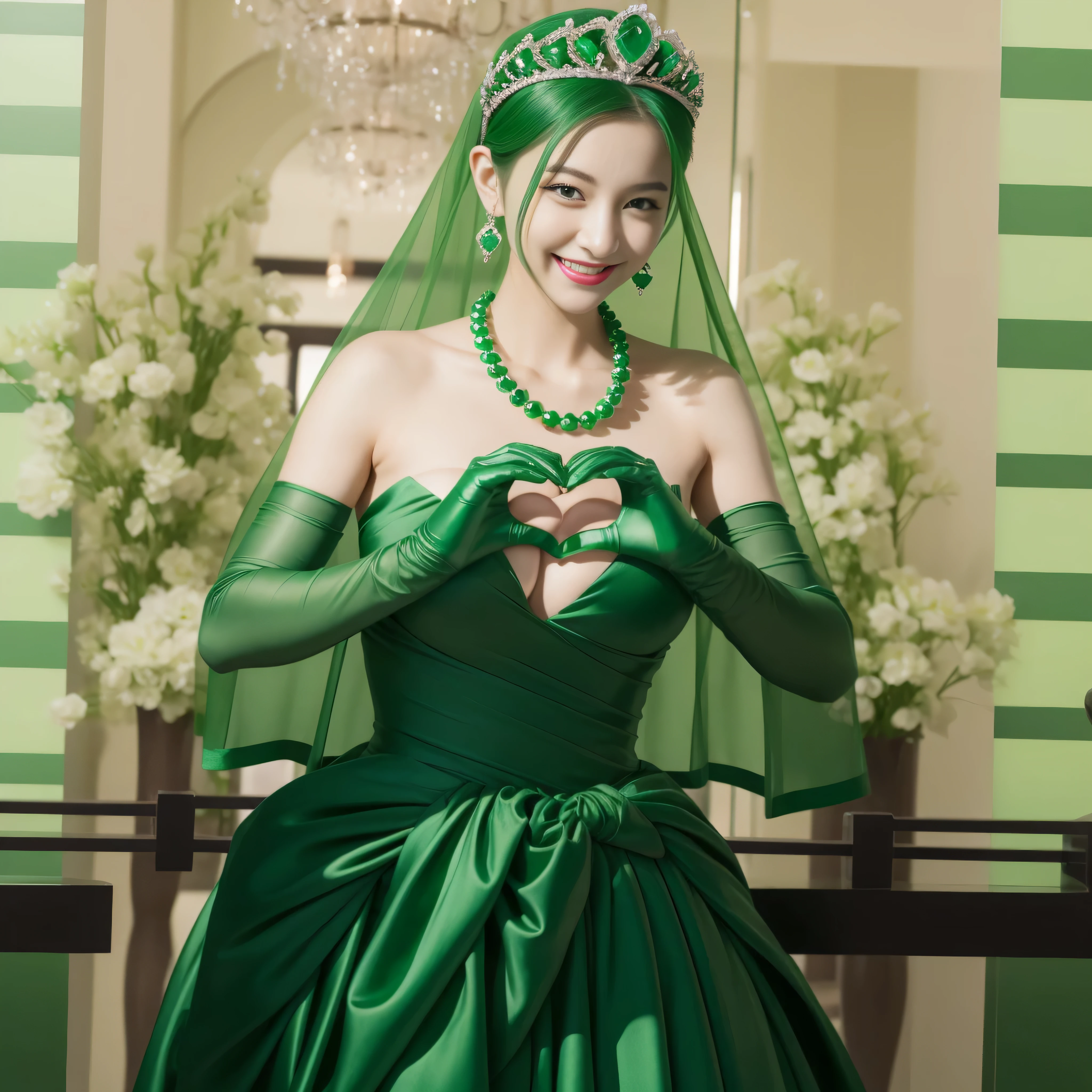 emerald tiara, Green Pearl Necklace, ボーイッシュな非常に短いgreen hair, green lips, smiling Japanese woman, very short hair, Beautiful woman with big breasts, green eyes, green satin long gloves, green eyes, emerald earrings, Green veil, Heart with both hands, green hair, beautiful japanese woman, heart shaped hands:1.3, green lip gloss