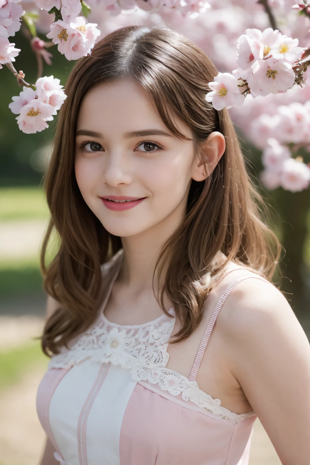 Masterpiece, Best quality, 8k, 18 ans, Photo brute, absurdes, Award-winning portrait, sourire, sourire, pure, french, elegant vibrant pink dress, spring, orchard in bloom, laces, famous singer, cute, sweet, cherry lips