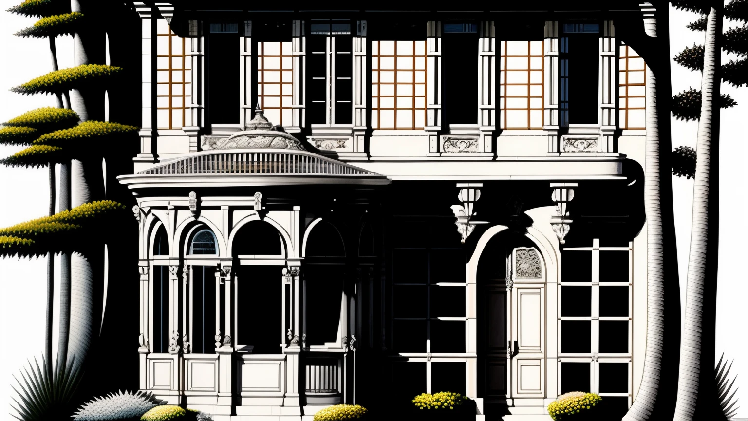 un dessin d'une maison à deux étages avec un balcon et un balcon, detailed online work, front vue en élévation, vue en élévation, front elevation, precisely drawn details, Very detailed drawing, front elevation et latérale, élévation de la rue, very detailed line drawing, very professionally detailed, very detailed design, Detailed architecture, highly detailed illustration, rendu 2D complet, contours noirs épurés