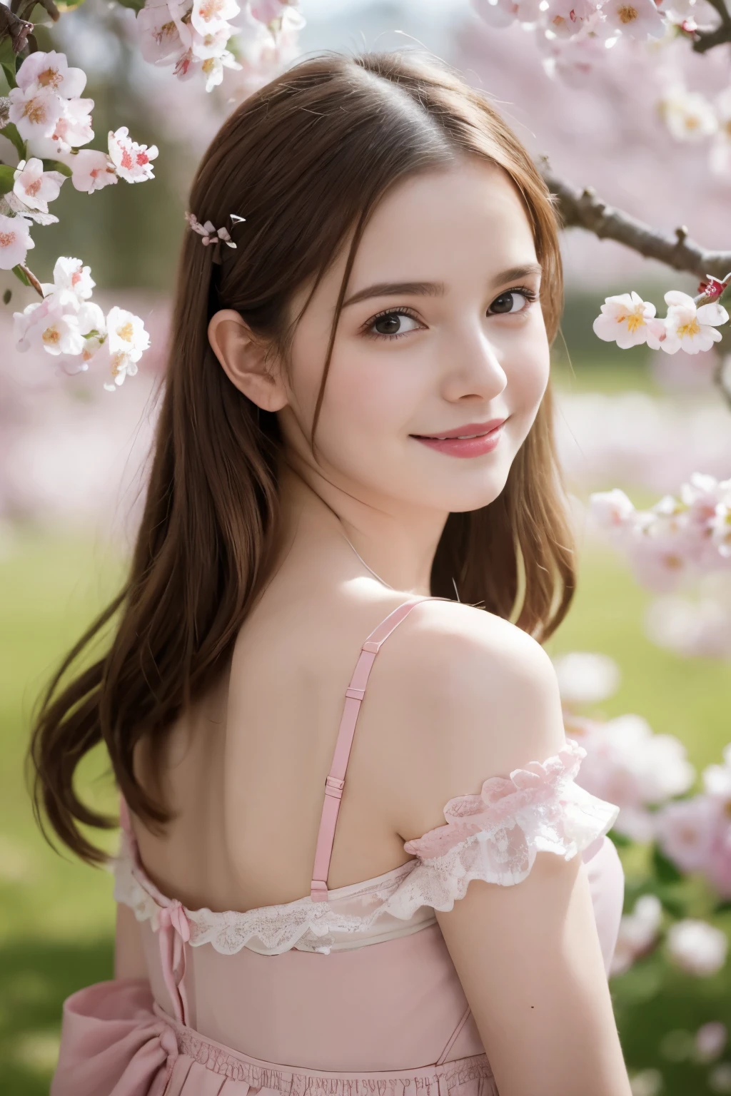 Masterpiece, Best quality, 8k, 18 ans, Photo brute, absurdes, Award-winning portrait, sourire, sourire, pure, french, elegant vibrant pink dress, spring, orchard in bloom, laces, famous singer, cute, sweet, cherry lips