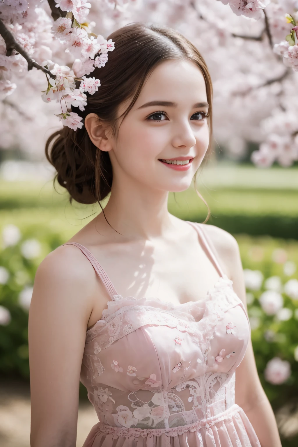 Masterpiece, Best quality, 8k, 18 ans, Photo brute, absurdes, Award-winning portrait, sourire, sourire, pure, french, elegant vibrant pink dress, spring, orchard in bloom, laces, famous singer, cute, sweet, cherry lips