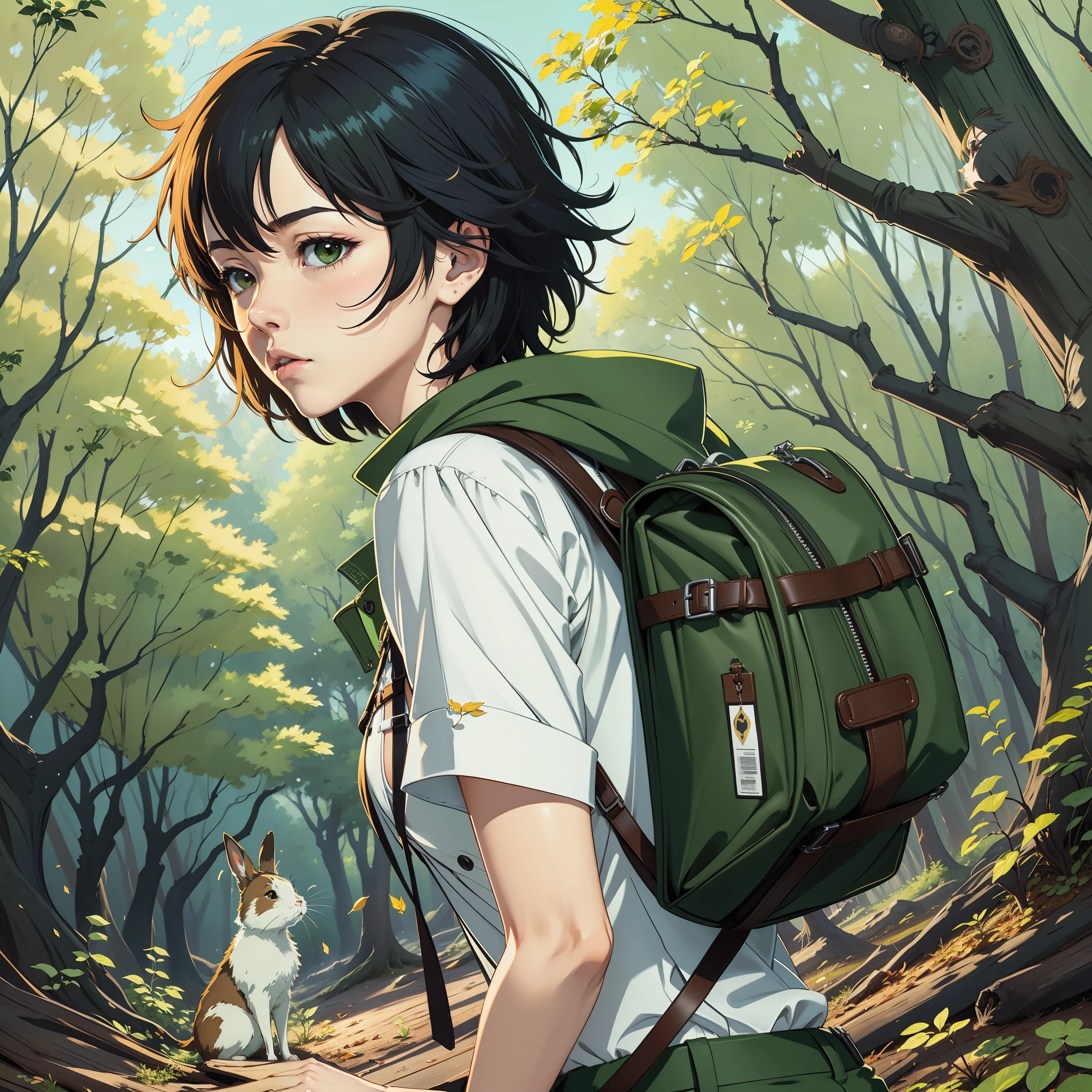 anime, garota, Floresta, mochila,From afar a girl kissing a boy in a white shirt and green pants in the forest with dried leaves on the ground and some rabbits, beijo apaixonado distante, se beijando ao longe ( ( Makoto Shinkai ) ), Makoto Shinkai Cirilo Rolando, Makoto Shinkai e Tom Bagshaw, Makoto Shinkai. digital rendering, Estilo de Makoto Shin