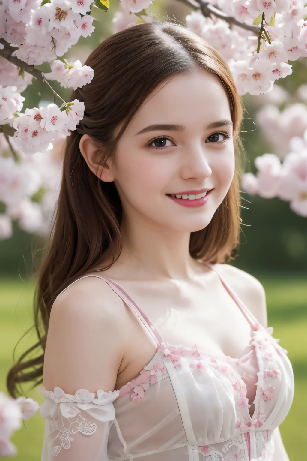 Masterpiece, Best quality, 8k, 18 ans, Photo brute, absurdes, Award-winning portrait, sourire, sourire, pure, french, elegant vibrant pink dress, spring, orchard in bloom, laces, famous singer, cute, sweet, cherry lips