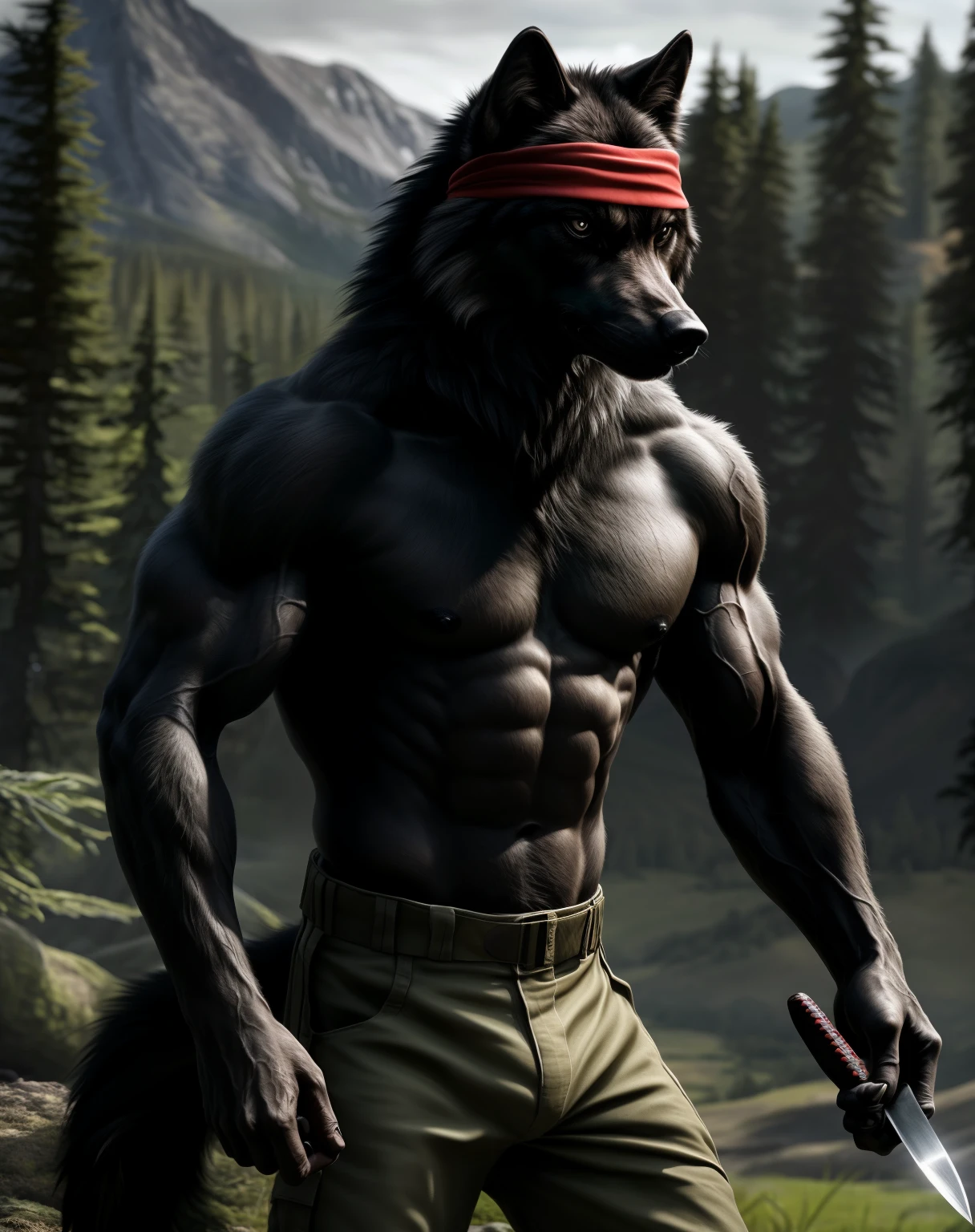 anthro, black wolf, solo, male, adult, veiny muscles, muscular, military pants, fierce look, furred body, detailed background, wilderness background, realistic, photorealistic, ultra realistic, 8k, bare-chested, red headband, black nipples, black eyes, holding a knife