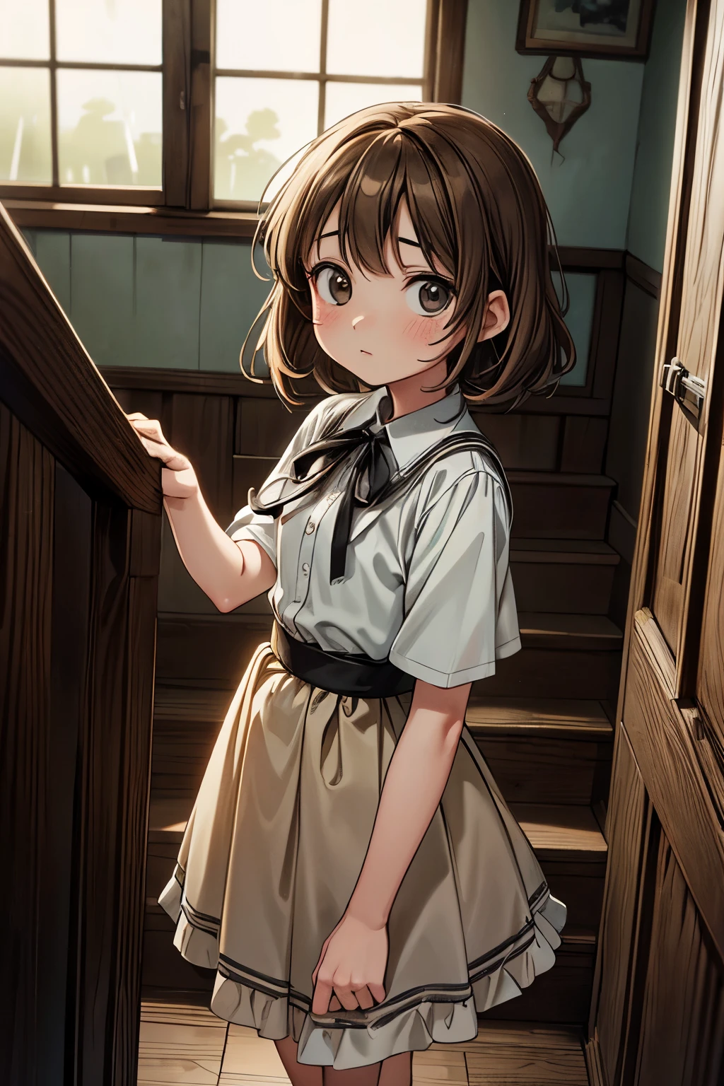 ((Masterpiece)), (Anime:1.3), ((best quality)), (RAW photo:1.2), (High Definition:1.3), (Professional Photography:1.2), cute teenage girl, pale brown hair, (), extremely delicate and beautiful, cute, (anxious look), energetic, active, anime, 1girl, cute, soft lighting, black eyes, (long stairs), labyrinth, (Mysterious and Old Western House:1.3), Alice, door, incandescent bulb, night, rain outside the window