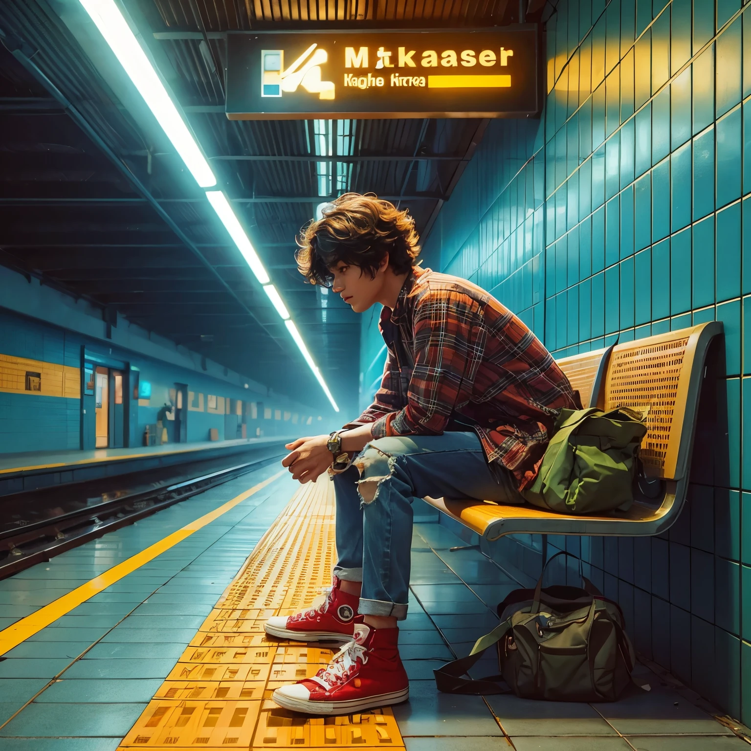 A dynamic digital illustration of a hyper realistic scene, a short curly hair indonesian boy age 25, sitting on a bench, set with a vibrant modern makassar palette, wearing a flannel shirt and red converse shoes. His pants is ripped jeans. The environment boasts realistic textures, with muted blue-tiled walls and a yellow line sign above indicating a platform.The scene captures a moment of stillness, with the character waiting under the glow of fluorescent tubes.