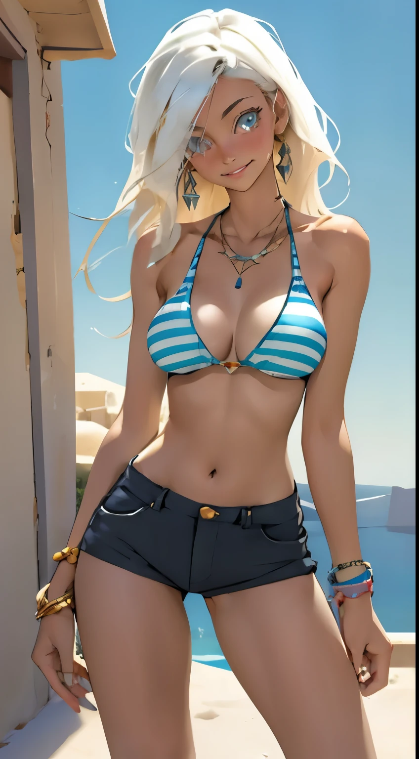 (masterpiece, best quality), 1 girl, alone, perfect body, big breasts, woman, santorini, colorful striped bikini top, shorts, stylish, bracelets, necklace, standing pose, afternoon