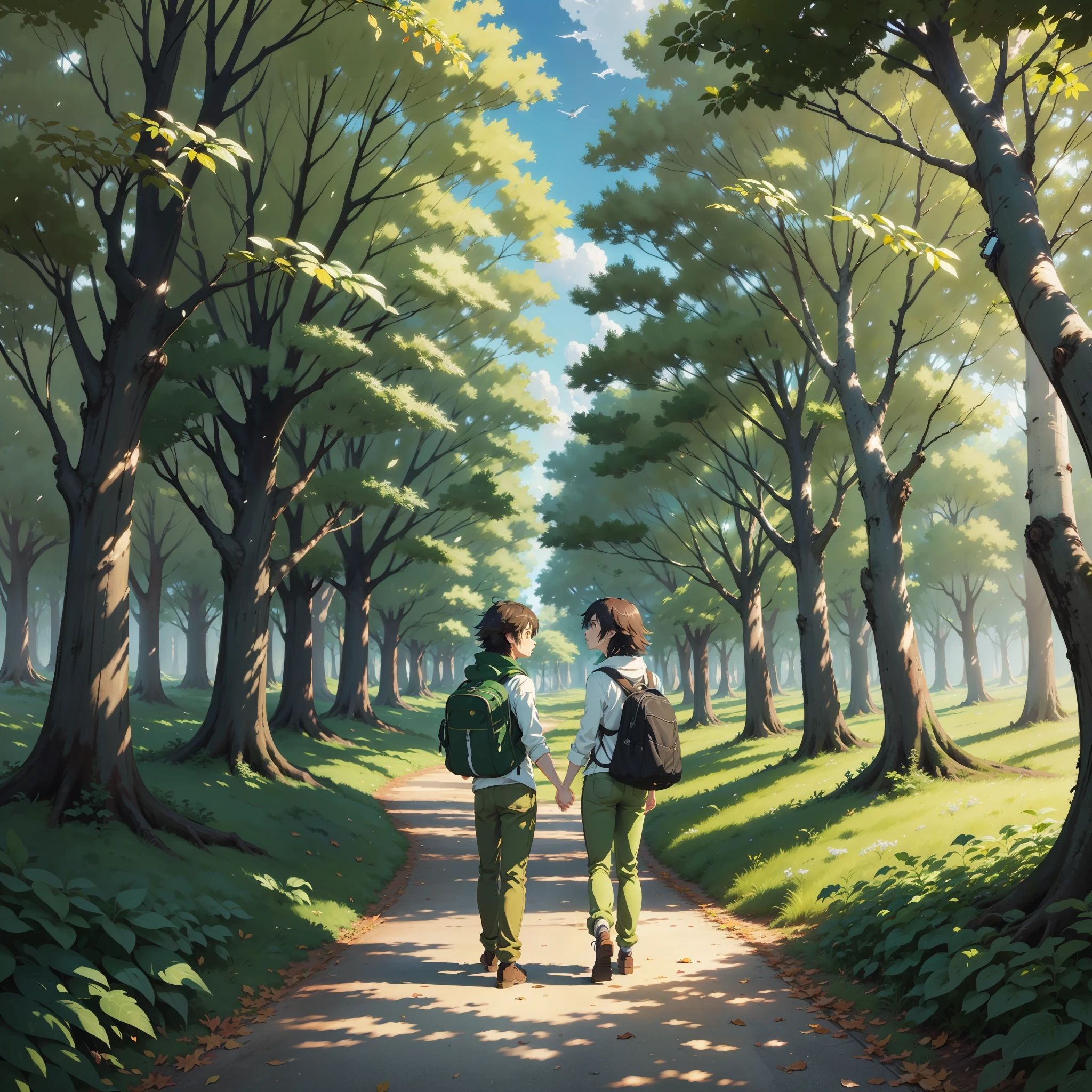 anime, garota, Floresta, mochila,From afar a girl kissing a boy in a white shirt and green pants in the forest with dried leaves on the ground and some rabbits,beijo apaixonado distante ( ( Makoto Shinkai ) ), Makoto Shinkai Cirilo Rolando, Makoto Shinkai e Tom Bagshaw, Makoto Shinkai. digital rendering, Estilo de Makoto Shinkai