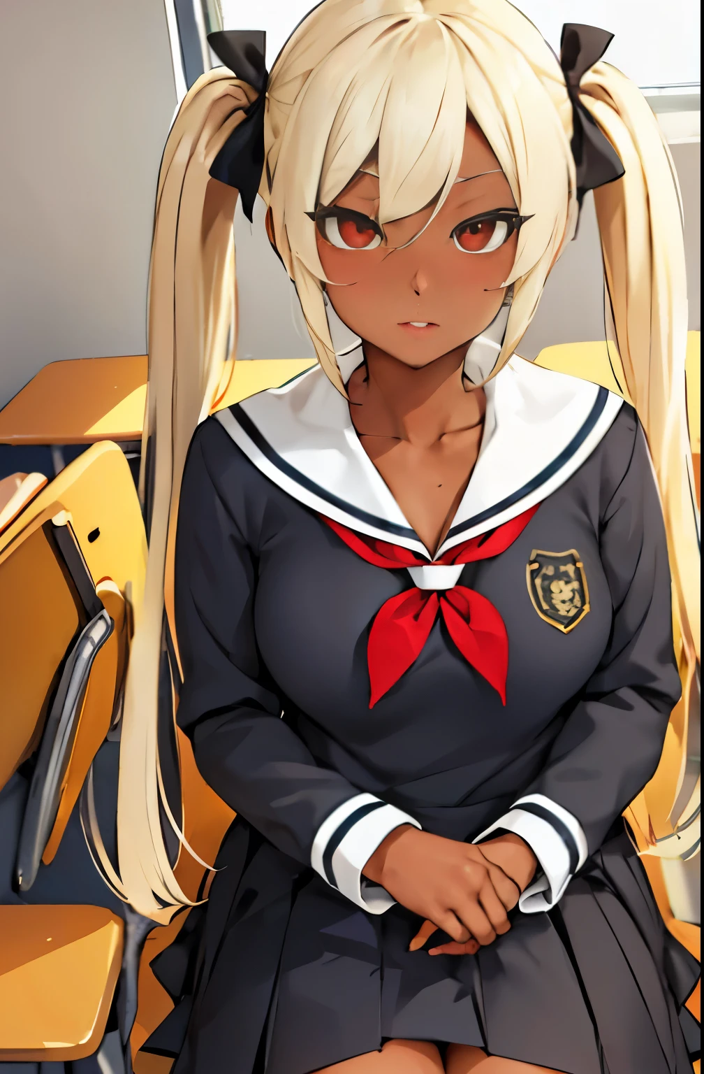 (masterpiece:1.2, best quality), 1lady, solo, school uniform, classroom, day, sit, blonde, twintails, red eyes, open collabone, darkskin, (open breasts:1.1),