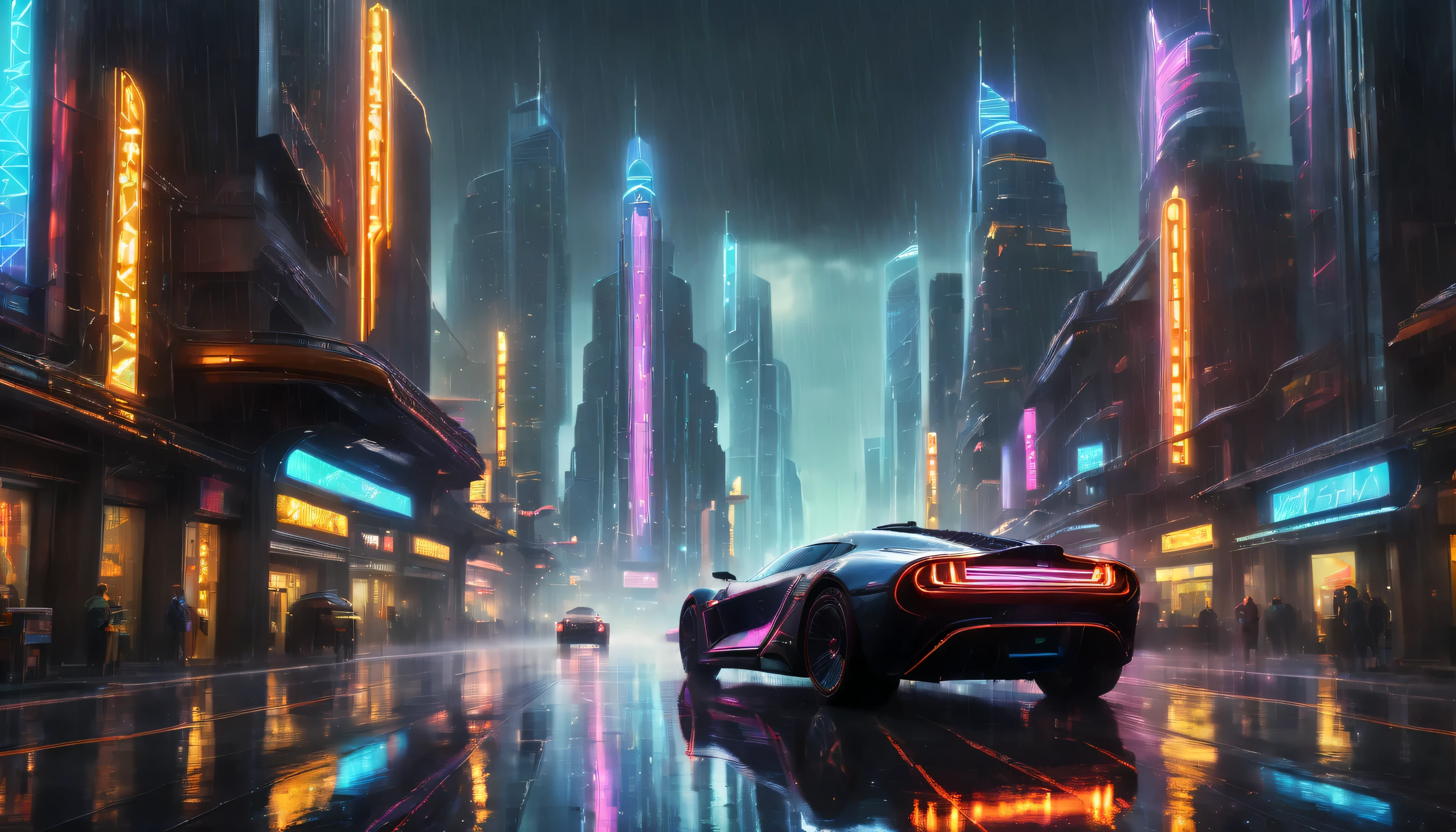 (best quality, highres, realistic, vivid colors), neon cityscape, futuristic city background, rain-soaked streets, bustling crowds, narrow alleyways, towering skyscrapers, futuristic vehicles, flying cars, night scene, city lights, steam rising from street grates, reflections in wet pavement.
