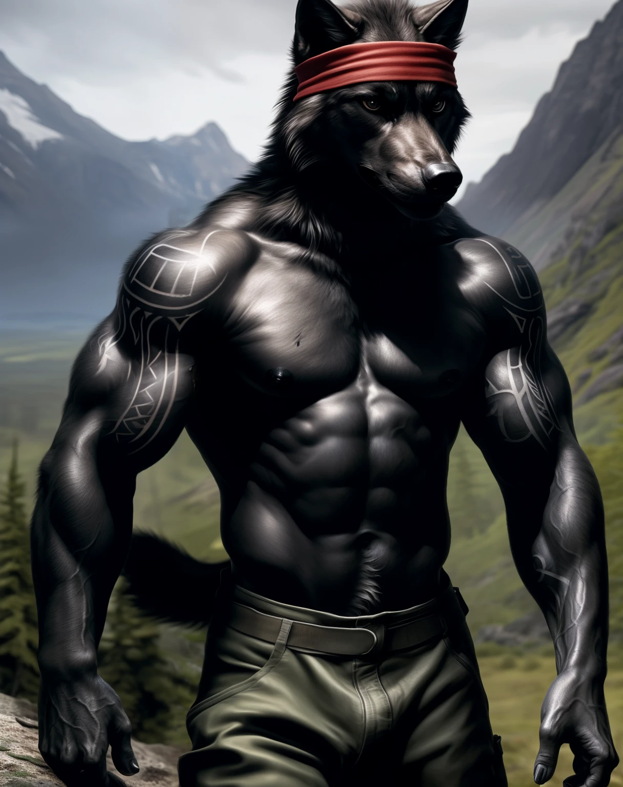 anthro, black wolf, solo, male, adult, veiny muscles, muscular, military pants, fierce look, furred body, detailed background, wilderness background, realistic, photorealistic, ultra realistic, 8k, bare-chested, red headband, black nipples, black eyes, tight big crotch, tattoo on chest