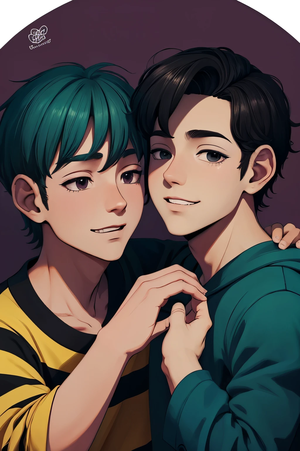Two 15-year-old teenage male friends with Latin skin and bright green hair Light green eyes at school are talking about an important topic are friends almost like brothers.......