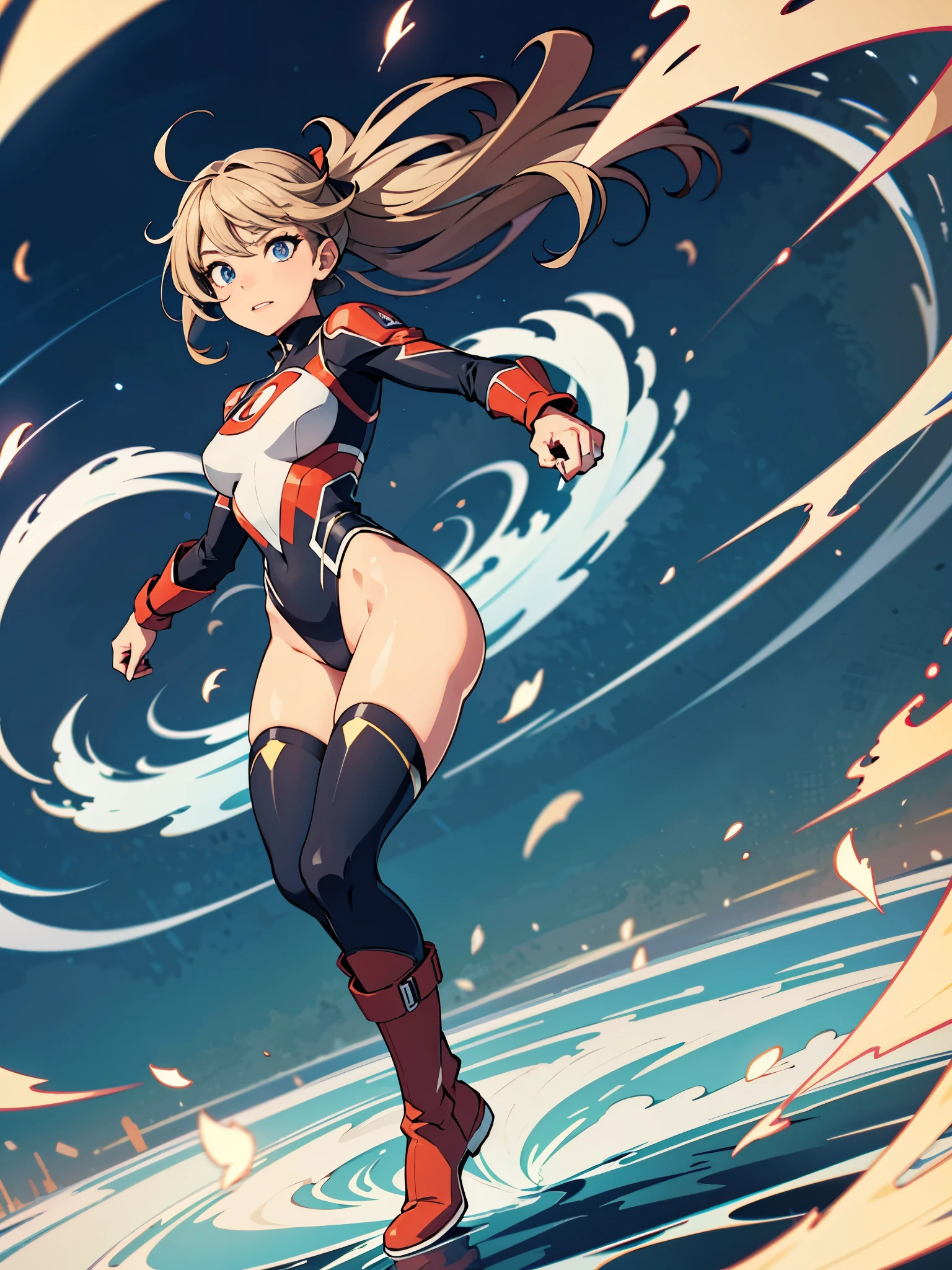 1girl, solo focus, superhero, leotard, highleg leotard, bare legs, boots, mature lady, spinning her body in rapid speed like a tornado, wind swirls, rapid gyration, tornado spinning girl, tornado spin, turning to a whirlwind, ultra highres, absurdres, beautiful face, detailed eyes, symmetric eyes