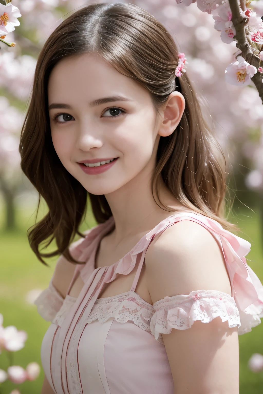 Masterpiece, Best quality, 8k, 18 ans, Photo brute, absurdes, Award-winning portrait, sourire, sourire, pure, french, elegant vibrant pink dress, spring, orchard in bloom, laces, famous singer, cute, sweet, cherry lips, blouse