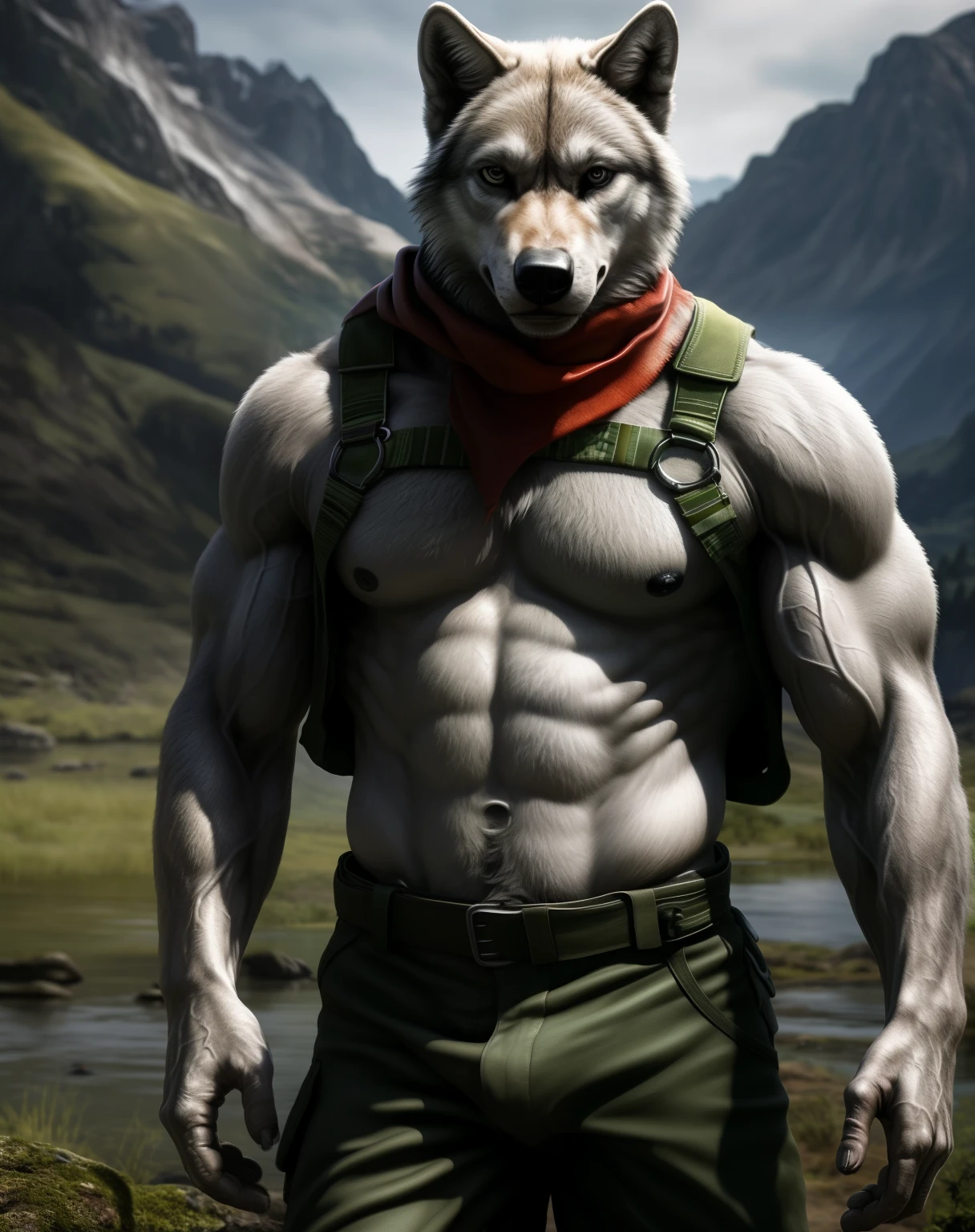 anthro, grey wolf, solo, male, adult, veiny muscles, muscular, military pants, fierce look, white body, detailed background, wilderness background, realistic, photorealistic, ultra realistic, 8k, bare-chested, red scarf, black nipples, black eyes, green vest, harness