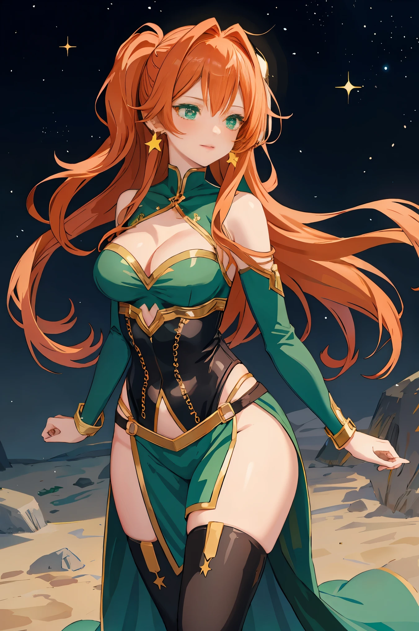 bloom), (shine), lighting, ray tracing, outdoor, depth_of_field, masterpiece, HD, best quality, kawaii, sparkles, stars, anime, 1 girl, anime girl, big breasts, hourglass figure, cleavage, wide hips, tight fitting clothes, green outfit, green eyes, pale skin, galaxy background, beautiful, long ginger hair, ginger hair girl, long hair, soft lips, gentle hands, delicate but dom, small waist, massive breasts and hips, galaxy, random expressikn, random gesture, anime style face, great definition, high quality, stars in background, stars around, unreal, ethereal, two legs, two arms, planets, stars, long hair, sparkles, smiling face, flirty eyes, ginger anime woman with green tight outfit on, large breasts and tight fitting clothes. long ginger hair and hreen eyes, focus on front of breasts and cleavage and look from perspective of close up camera