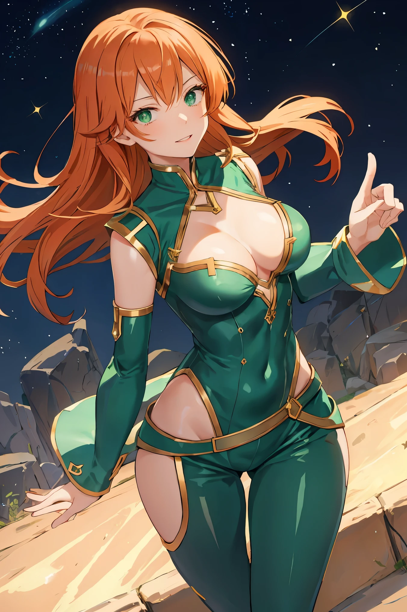 bloom), (shine), lighting, ray tracing, outdoor, depth_of_field, masterpiece, HD, best quality, kawaii, sparkles, stars, anime, 1 girl, anime girl, big breasts, hourglass figure, cleavage, wide hips, tight fitting clothes, green outfit, green eyes, pale skin, galaxy background, beautiful, long ginger hair, ginger hair girl, long hair, soft lips, gentle hands, delicate but dom, small waist, massive breasts and hips, galaxy, random expressikn, random gesture, anime style face, great definition, high quality, stars in background, stars around, unreal, ethereal, two legs, two arms, planets, stars, long hair, sparkles, smiling face, flirty eyes, ginger anime woman with green tight outfit on, large breasts and tight fitting clothes. long ginger hair and hreen eyes, focus on front of breasts and cleavage and look from perspective of close up camera