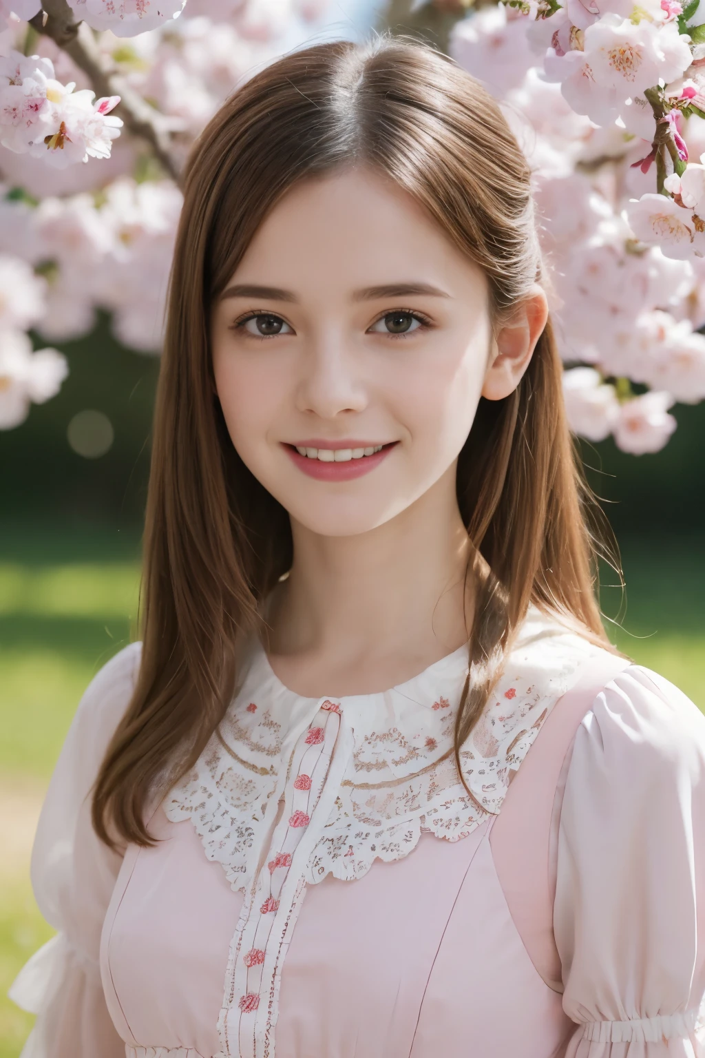 Masterpiece, Best quality, 8k, 18 ans, Photo brute, absurdes, Award-winning portrait, sourire, sourire, pure, french, elegant vibrant pink dress, spring, orchard in bloom, laces, famous singer, cute, sweet, cherry lips, blouse