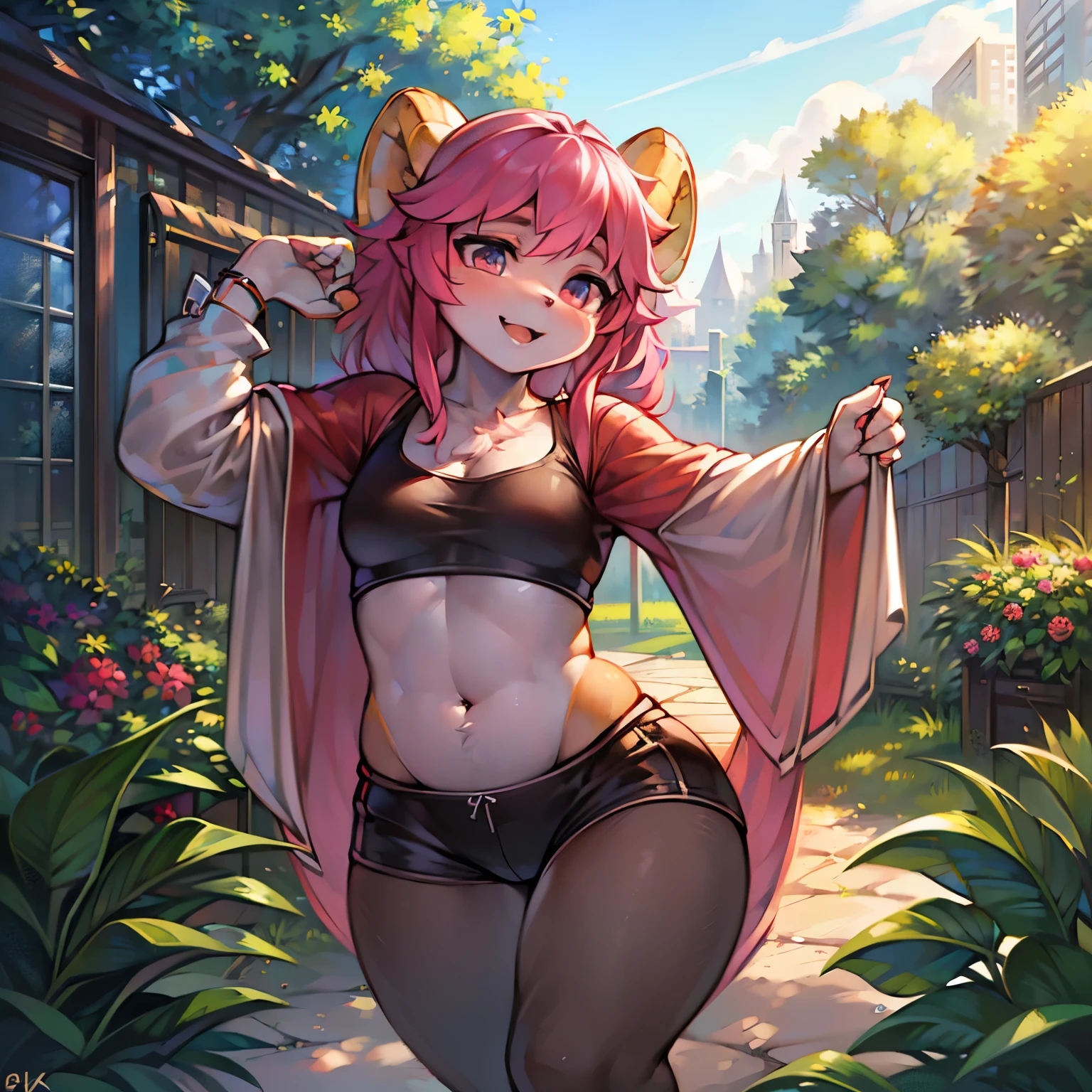 femboy,booty shorts,adorable,playful, vibrant colors,youthful,fashionable,energetic,flirtatious,confident,strong gaze,expressive eyes,full lips,feminine curves,dynamic pose,pink hair,comfortable setting,sunlit garden,summer vibes,joyful atmosphere,stylish accessories,
(best quality,4k,8k,highres,masterpiece:1.2),ultra-detailed,(realistic,photorealistic,photo-realistic:1.37),HDR,UHD studio lighting,professional,concept artists,portrait