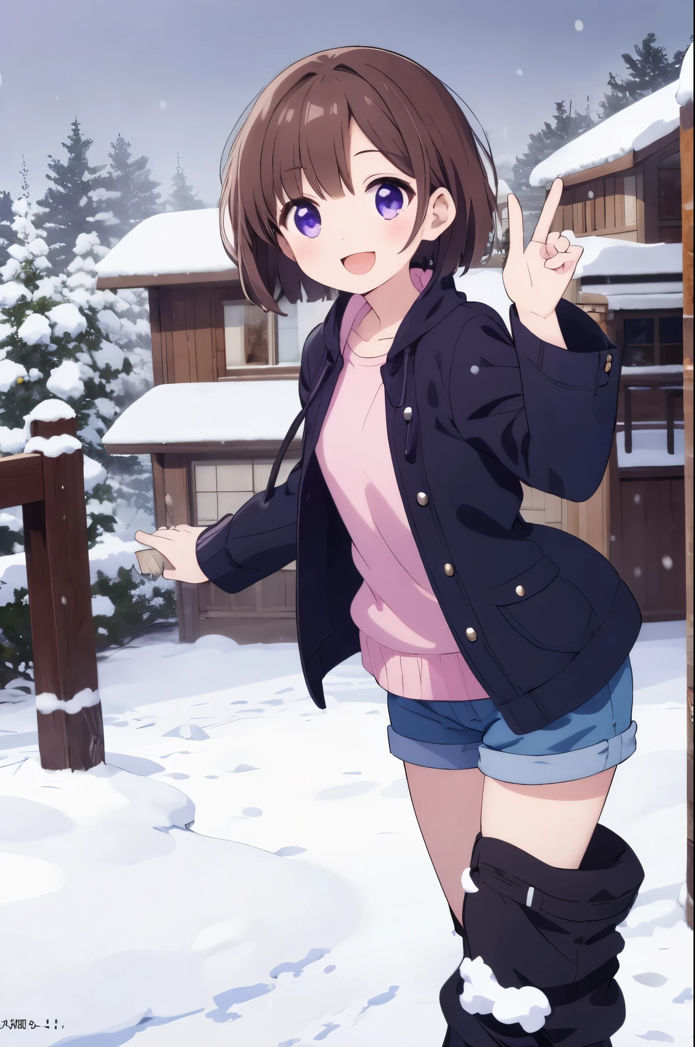 A cheerful girl despite the snow and cold weather、short cut hair、shorts、brown hair、purple eyes、best smile、I want to protect, this smile