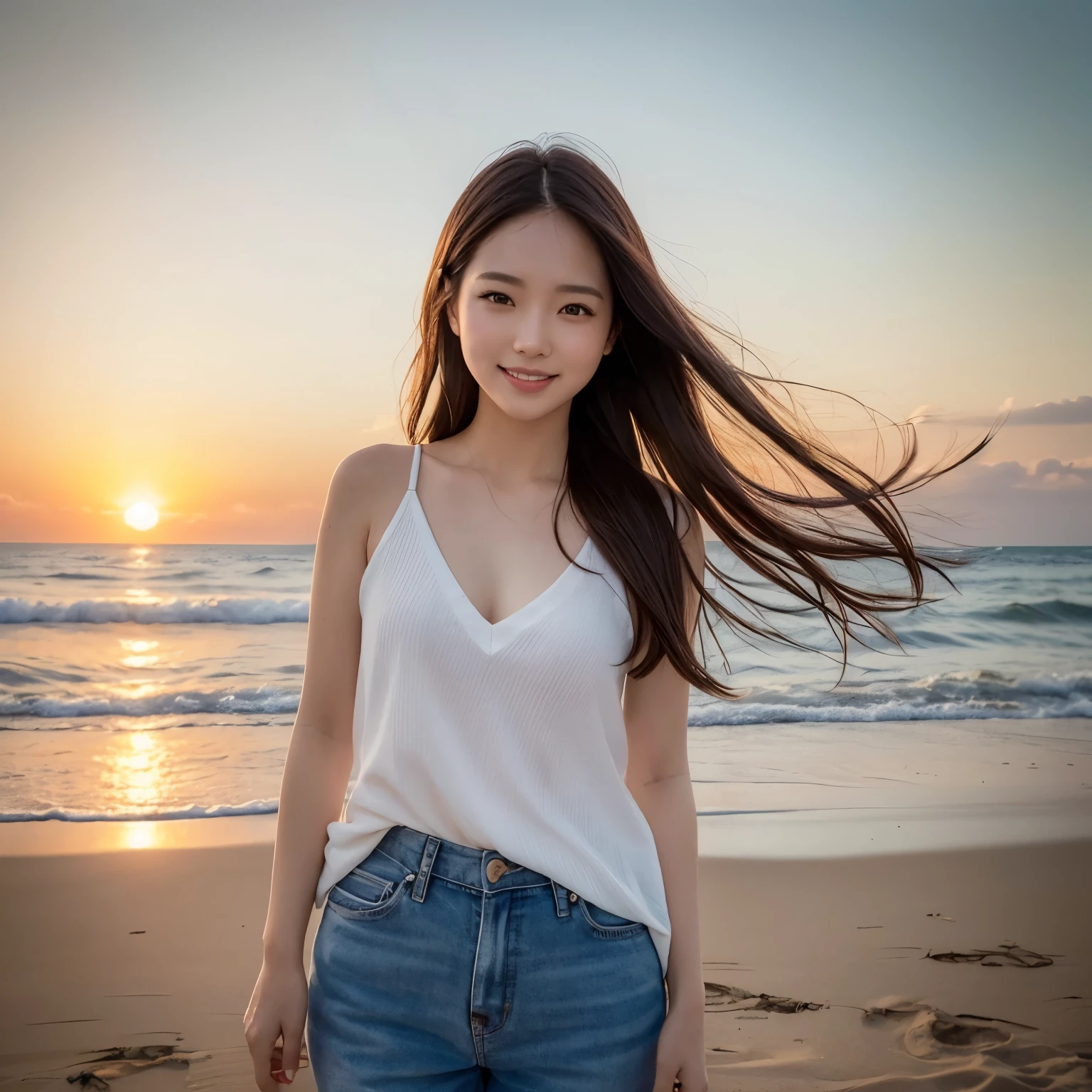 Smiling on the beach with the sunset in the background、Portrait of a beautiful woman with natural makeup。her long hair blows in the wind、smiling softly at the camera。Her clothes are casual yet sophisticated.、Creates a relaxing atmosphere。This image is in high resolution、It has a texture and detail close to that of real life.、Give your audience a natural and positive impression。