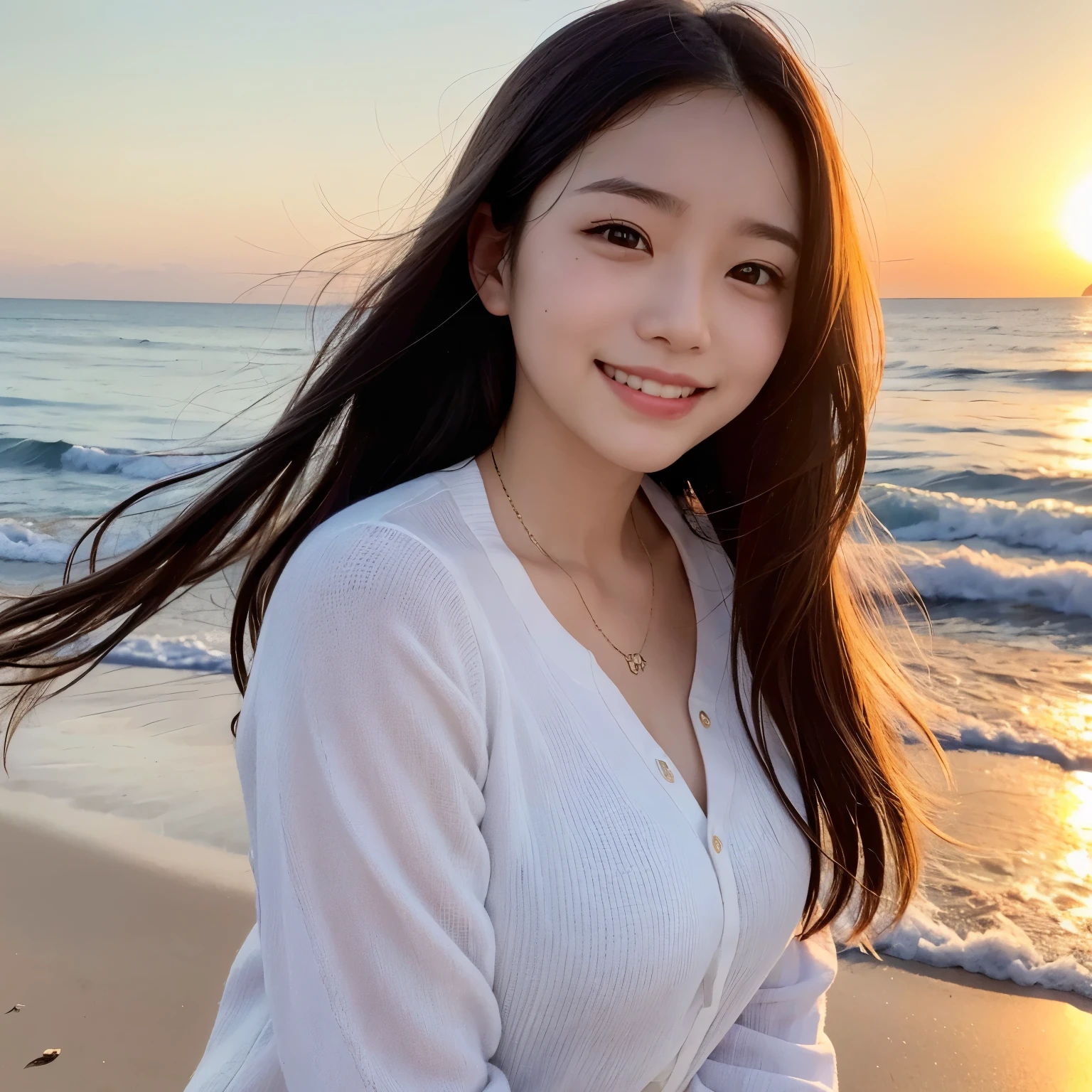 Smiling on the beach with the sunset in the background、Portrait of a beautiful woman with natural makeup。her long hair blows in the wind、smiling softly at the camera。Her clothes are casual yet sophisticated.、Creates a relaxing atmosphere。This image is in high resolution、It has a texture and detail close to that of real life.、Give your audience a natural and positive impression。