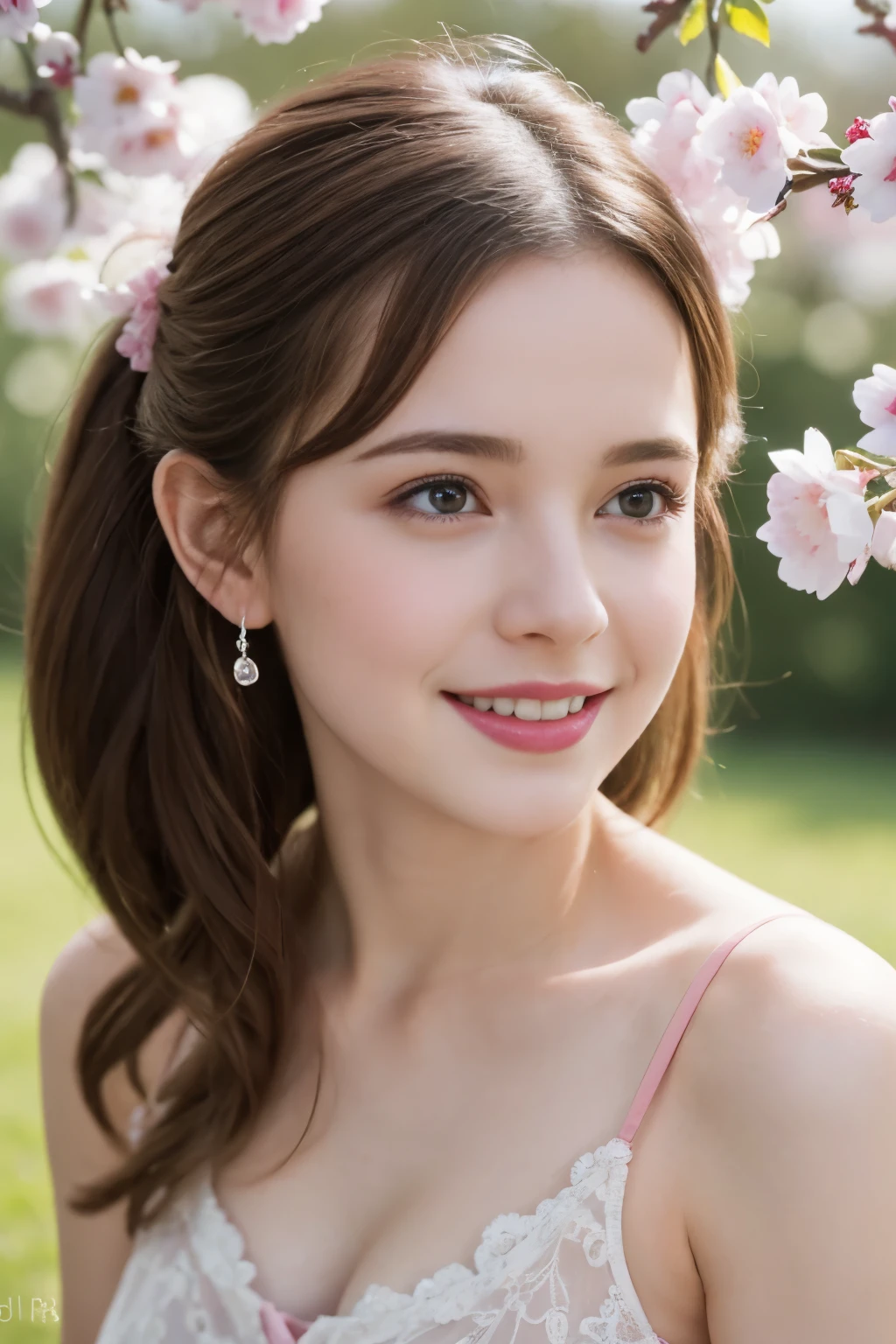 Masterpiece, Best quality, 8k, 18 ans, Photo brute, absurdes, Award-winning portrait, sourire, sourire, pure, french, elegant vibrant pink dress, spring, orchard in bloom, laces, famous singer, cute, sweet, cherry lips, earrings, gossamer lingerie