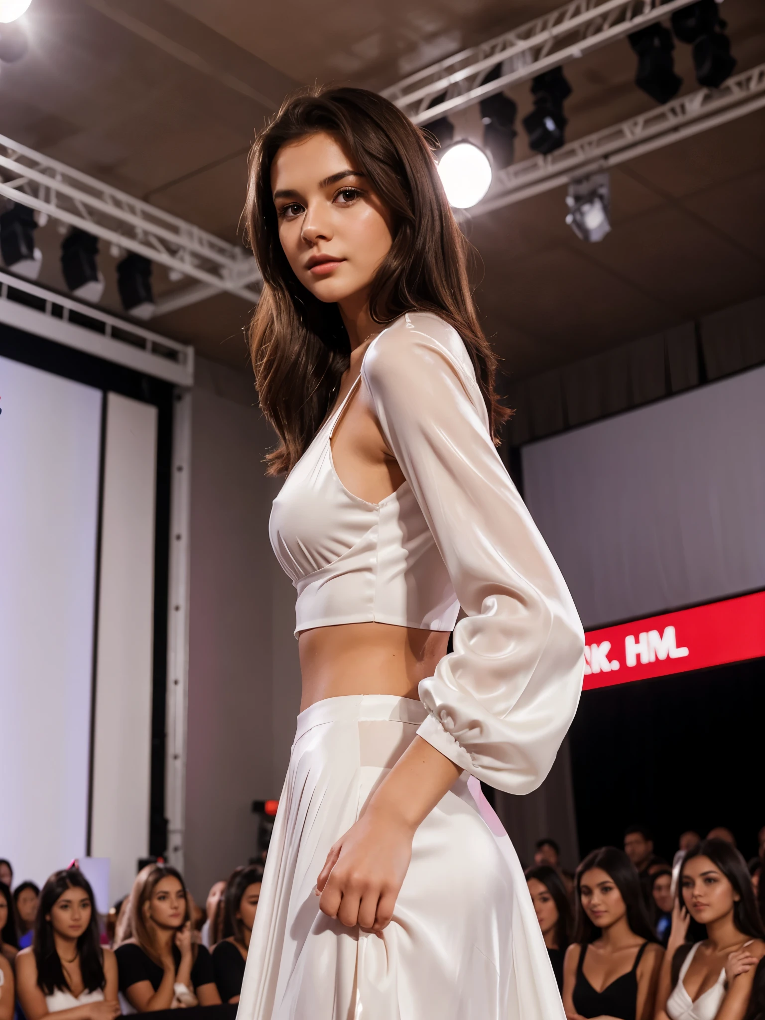 21 year old young woman with dark brown hair, walking on a mannequin stage, wear a silk soft stylish reddis and white outfit for photography of the year, small hips, 32k hud, she looking straight, picture is taken from the audience