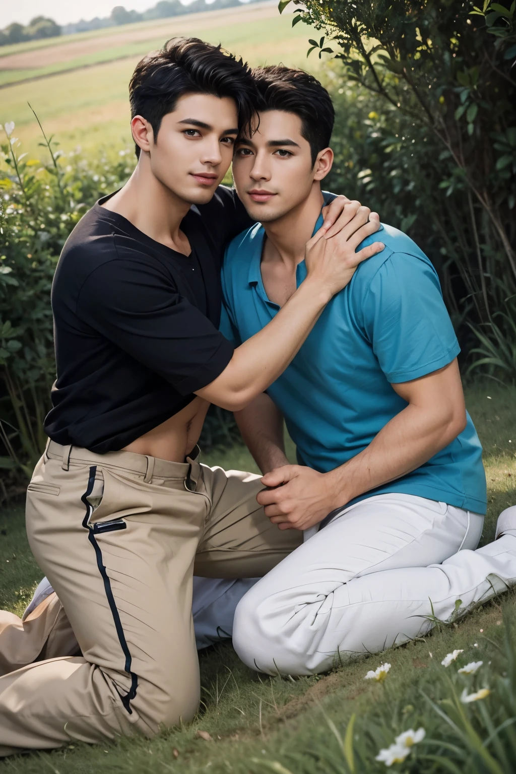 Casal, gay, dois rapazes, dois homens, Embraced, na grama, campo, grama, cuddles, dois homens, de costas, 4k, illustration, desenho digital, animification, gay, casal, ilustrar