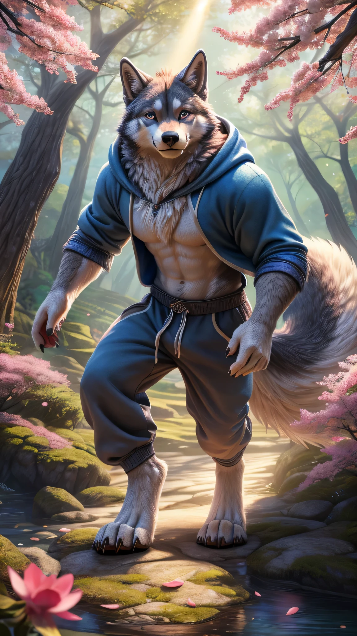 (best quality,4k,8k,highres,masterpiece:1.2),ultra-detailed,(realistic,photorealistic,photo-realistic:1.37),anime style,colorful,painted feel,soft lighting,impressionistic,Buff,((((two tone grey furfur, white belly,)))),male , husky, piercings, full body, high fashion hoodie, high fashion sweatpants, hand paws, foot paws, claws, delicate eyes, smirking expression, generic furry style, sexy wolf fursona, hybrid human / anthro, buff, looking at viewer, smirking, sharp teeth, elongated canine fangs, , unique fur pattern, , enticing stare, stunning environment, complex fantasy background, complex and intricate subject, male,beautiful detailed eyes,beautiful detailed lips,extremely detailed eyes and face,long eyelashes,inspired by Studio Ghibli,whimsical background,expressive emotions,peaceful atmosphere,sakura petals,subtle shadows,playful pose,Japanese aesthetics,vibrant colors,dreamlike setting,ethereal ambiance,hand-drawn characters,sunbeam filtering through the trees,serene expression,sparkling eyes,magical elements,fantasy world,storybook-like scene,natural beauty,graceful movements,gentle breeze,delicate details,fantastical creatures,frolicking in the meadow