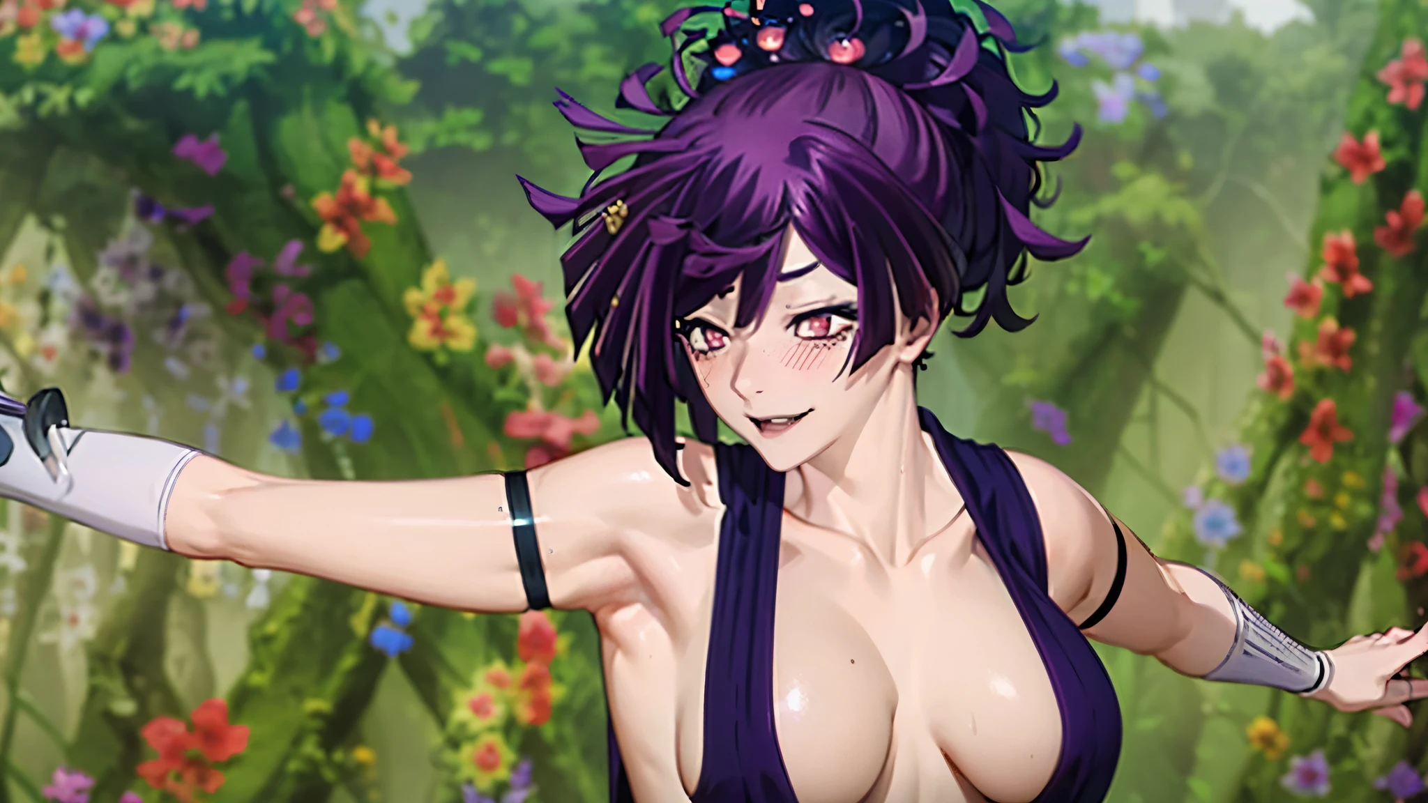 Best quality, Masterpiece, (leaning:1.4), 
1girl, yuzuriha_(jigokuraku), Purple hair, Brown eyes, Ninja, open clothing, split, Small breasts, Overhand knot, Medium hair, breasts apart, Seductive smile, pants, Strip,  (Blush:1.1),  Foreign Japanese, Temple,