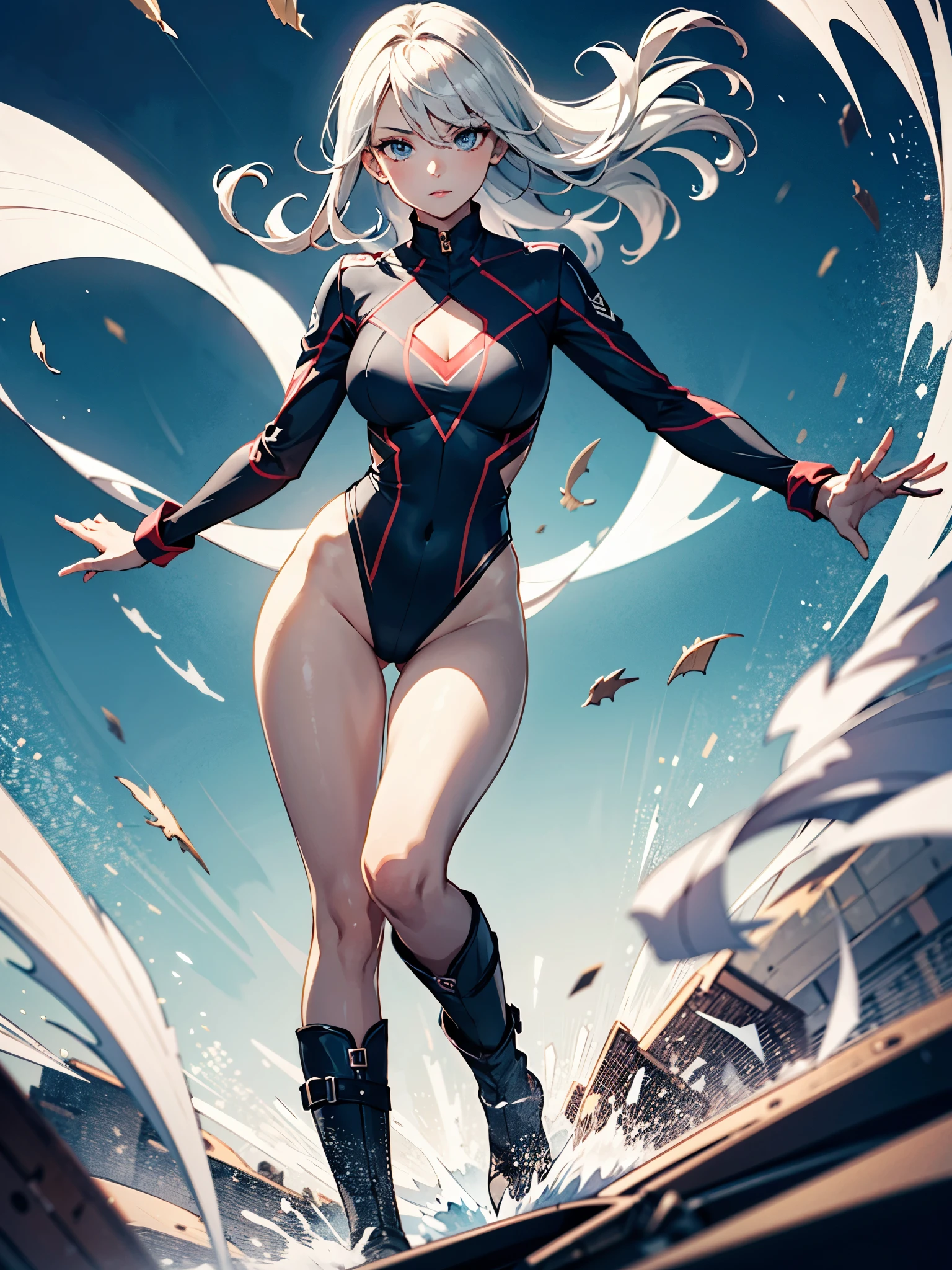 1girl, solo focus, superhero, leotard, highleg leotard, bare legs, boots, mature lady, spinning her body in rapid speed like a tornado, wind swirls, rapid gyration, tornado spinning girl, tornado spin, turning to a whirlwind, ultra highres, absurdres, beautiful face, detailed eyes, symmetric eyes