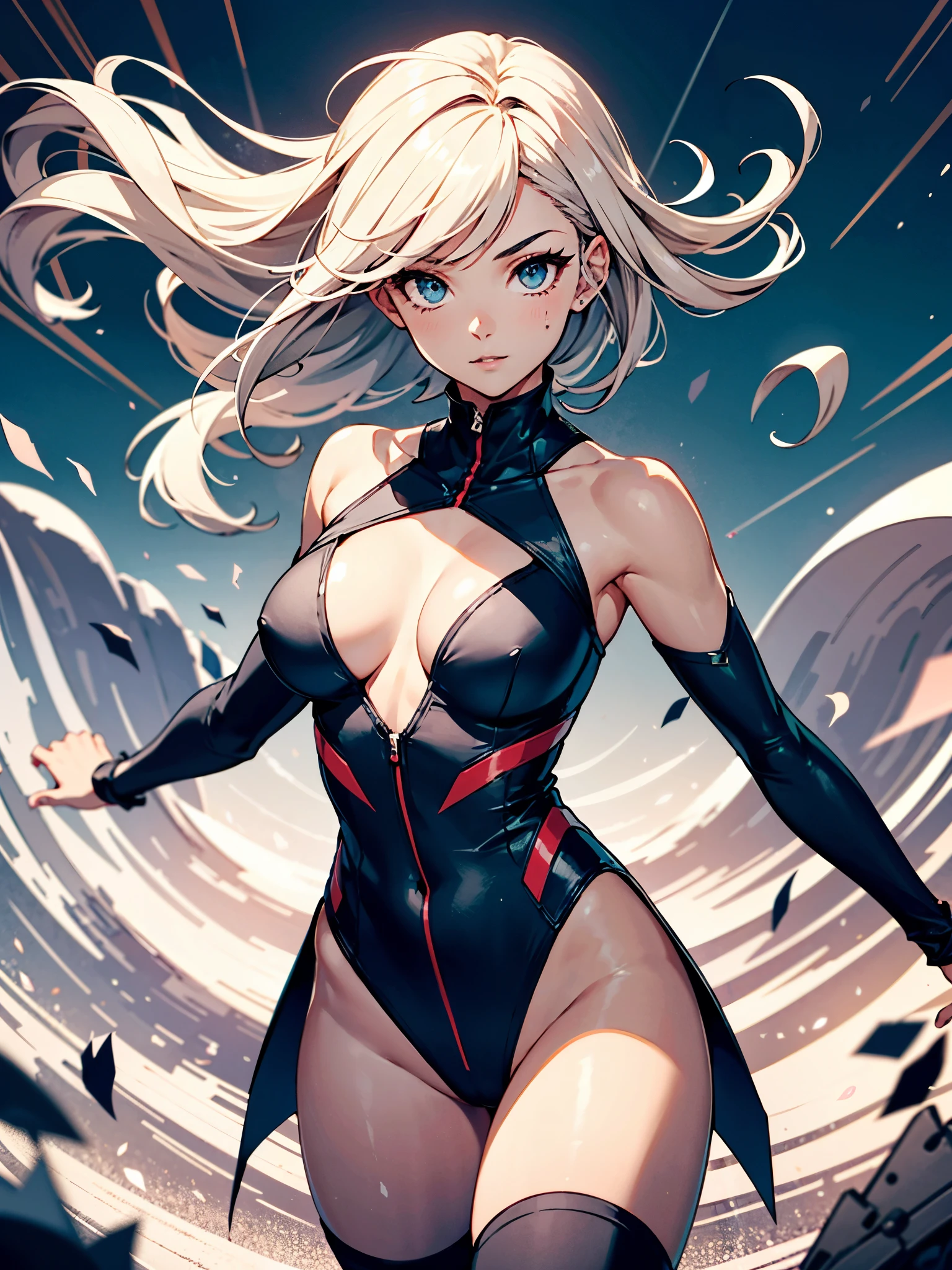 1girl, solo focus, superhero, leotard, highleg leotard, bare legs, boots, mature lady, spinning her body in rapid speed like a tornado, wind swirls, rapid gyration, tornado spinning girl, tornado spin, turning to a whirlwind, ultra highres, absurdres, beautiful face, detailed eyes, symmetric eyes