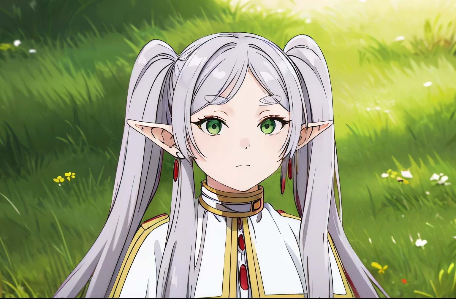 ((masterpiece)), (highest quality), High resolution, super detailed, disorganized, freezing, 1 girl, earrings, goblin, long hair, pointed ears, alone, twin tails, green eyes, earrings, gray hair, looking at the viewer, capelet, white capelet, white sleeves, long sleeve, Are standing, Upper body,