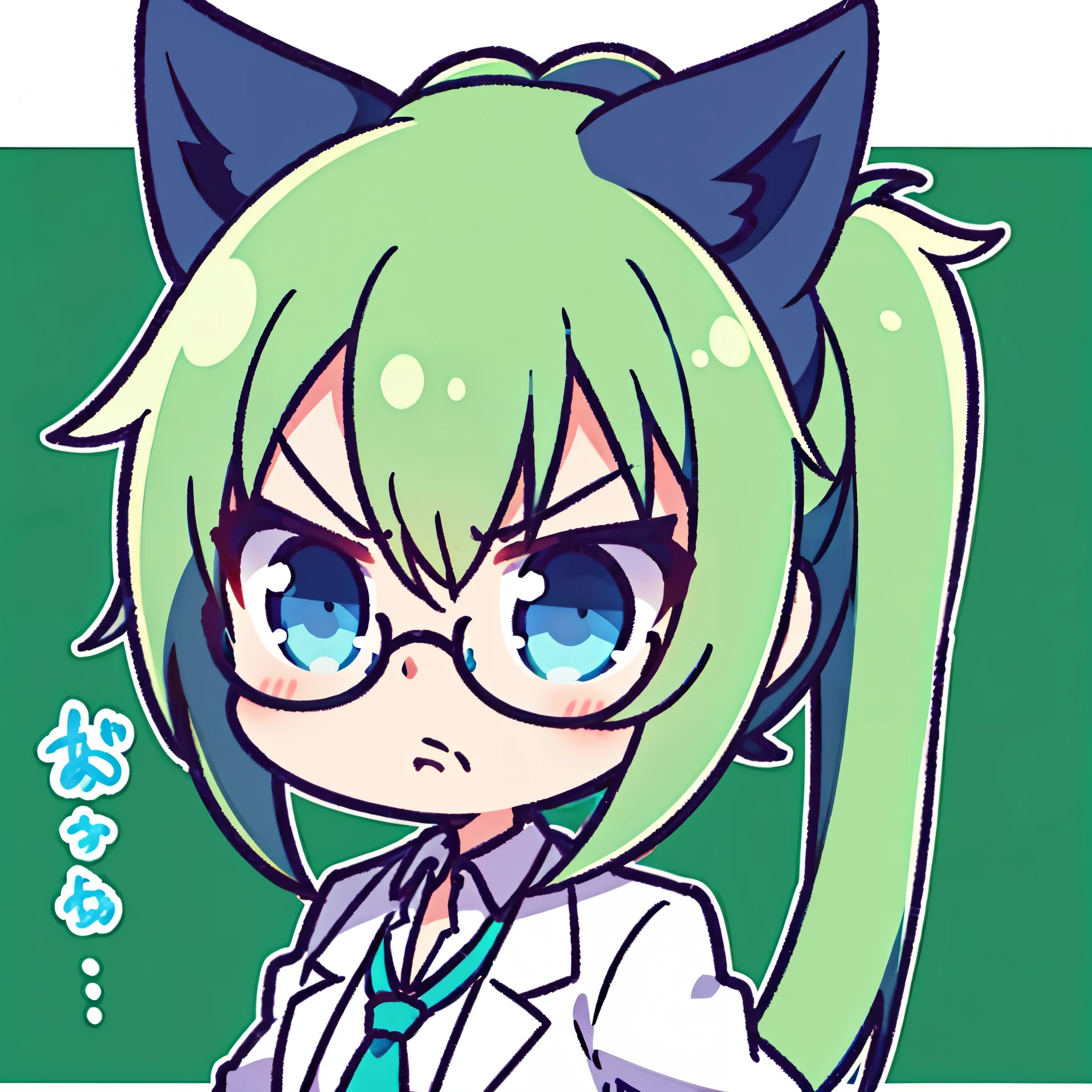 1girl,chibi,face close-up, long green pony tail, blue eyes, glasses, angry, scowl, lab coat