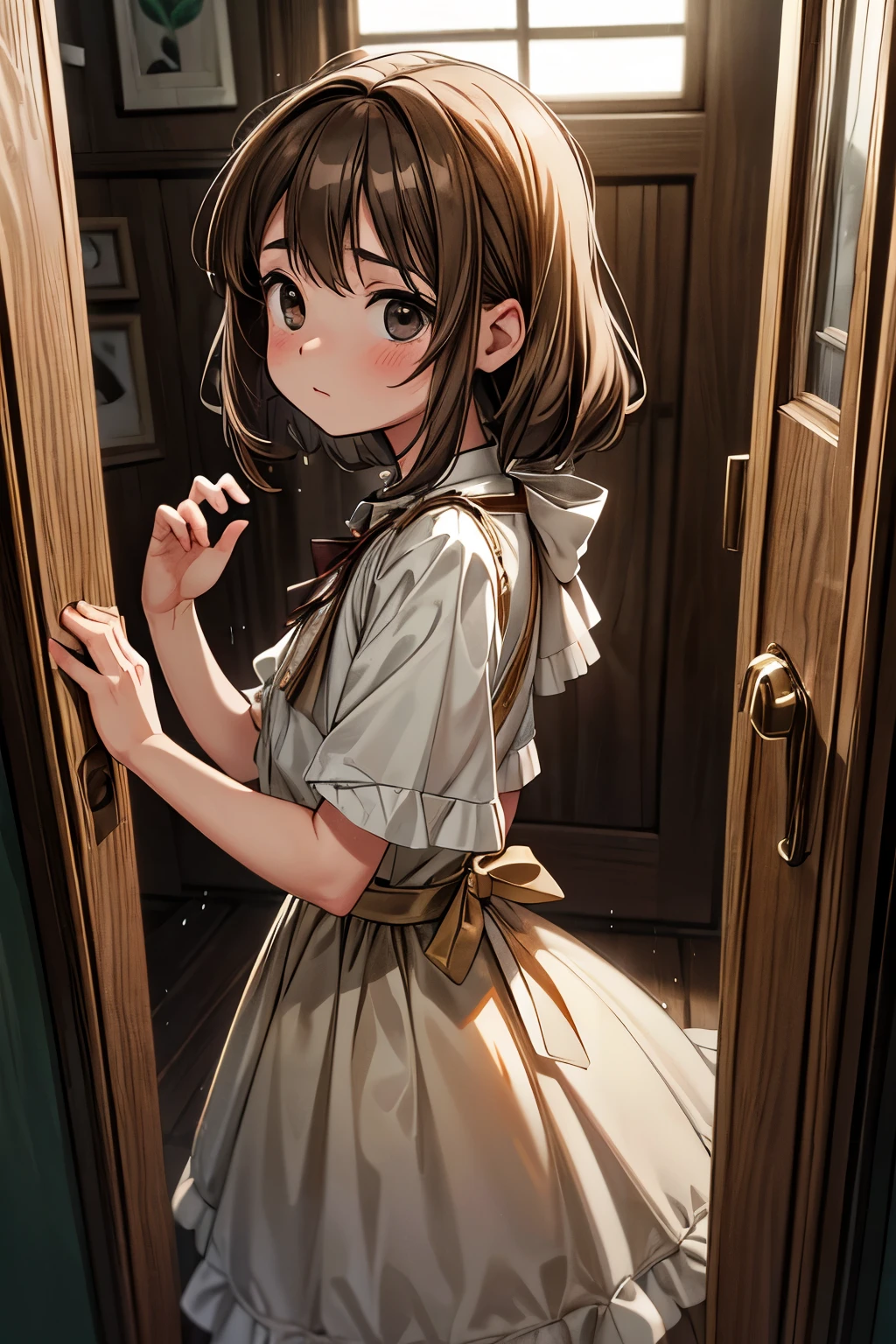 ((Masterpiece)), (Anime:1.3), ((best quality)), (RAW photo:1.2), (High Definition:1.3), (Professional Photography:1.2), (gloomy lighting), cute teenage girl, pale brown hair, (12 years old), extremely delicate and beautiful, cute, (anxious look), energetic, active, anime, 1girl, cute, soft lighting, black eyes, labyrinth, (Mysterious and Old Western House:1.3), Alice, door, incandescent bulb, (rain outside the window), Gorgeous frames,