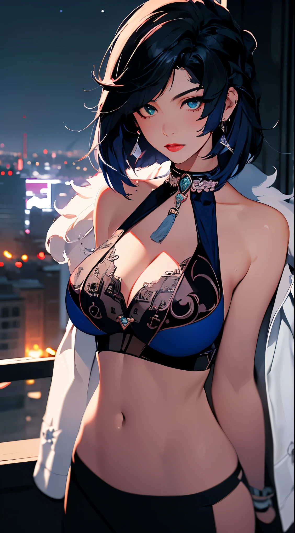 ((masterpiece)),(bestquality),((ultra-detailed)), ((beautiful detailed sky)), ((cinematic lighting)), depth of field, (dynamic angle),detailed lighting,(beautiful detailed eyes), ((night city view)),red lip, eyeshadow,large breast, ((sexy)), cleavage, navel, yelanrnd