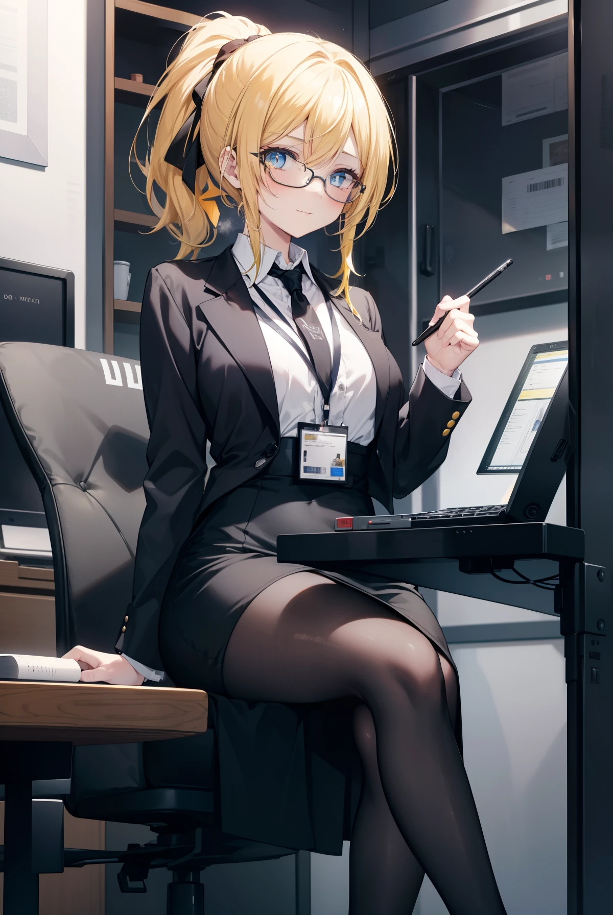 Area Yase, catalyst, yellow hair, blue eyes, ponytail, hair ribbon, 
OL,Black Abyss glasses, end, black suit jacket, collared jacket, white dress shirt, collared shirt, neckline, button, strap, ID card on the neck, black pencil skirt, black pantyhose, stiletto heels,smile, blush, looking at the viewer, charm, Mechanical,On a computer,sitting cross-legged on a chair, interior,touch typing ,　　　　　　　　　　　　　　　　　　　 break indoors, office,
break looking at viewer,
break (masterpiece:1.2), highest quality, High resolution, unity 8k wallpaper, (figure:0.8), (detailed and beautiful eyes:1.6), highly detailed face, perfect lighting, Very detailed CG, (perfect hands, perfect anatomy),